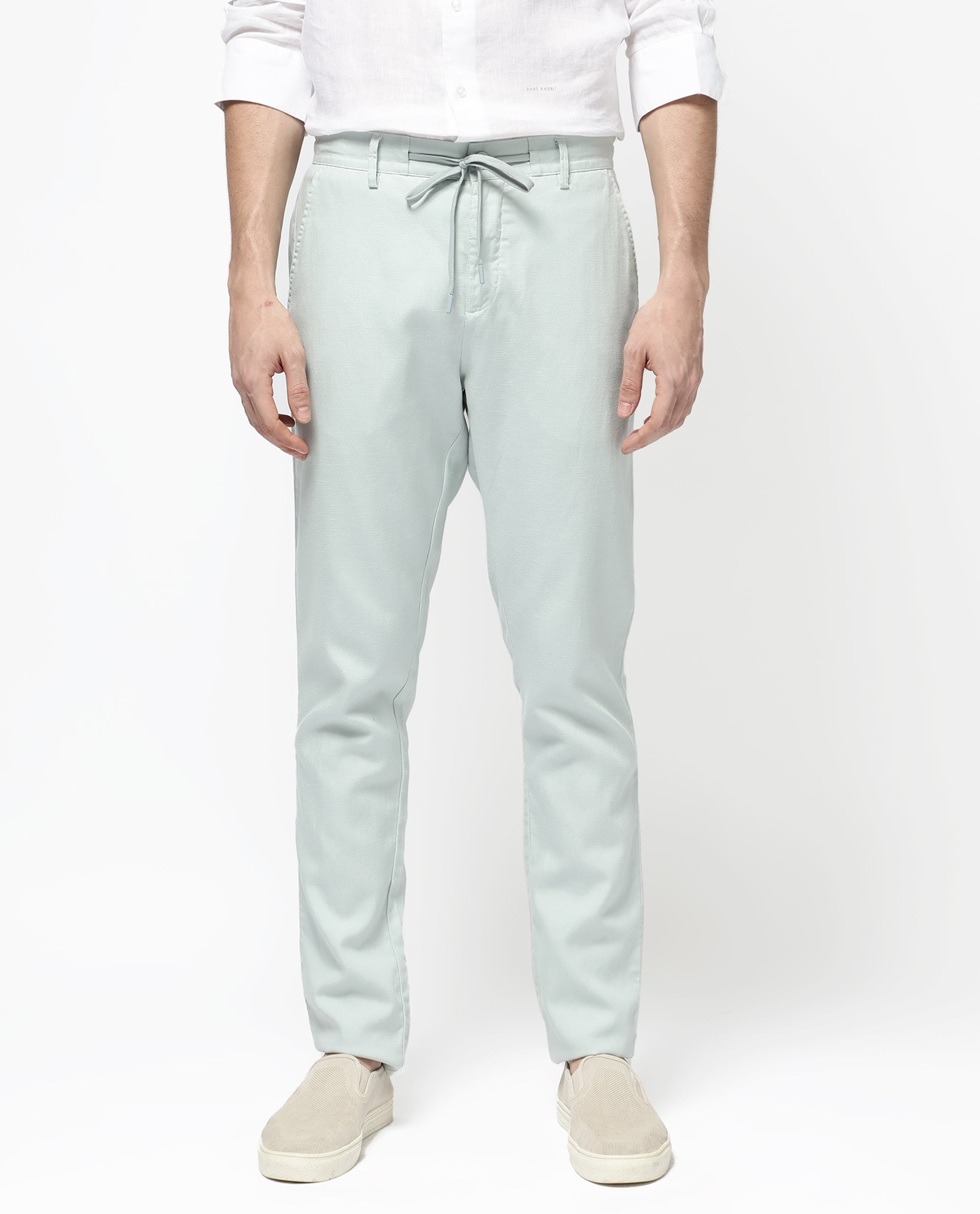 Rare Rabbit Men's Reric Pastel Turq Linen Blend Plain Regular Fit Trouser
