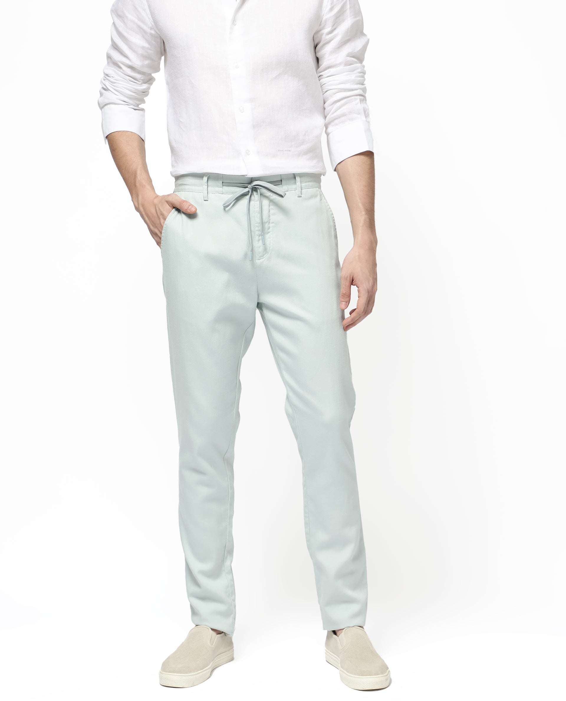 Rare Rabbit Men's Reric Pastel Turq Linen Blend Plain Regular Fit Trouser