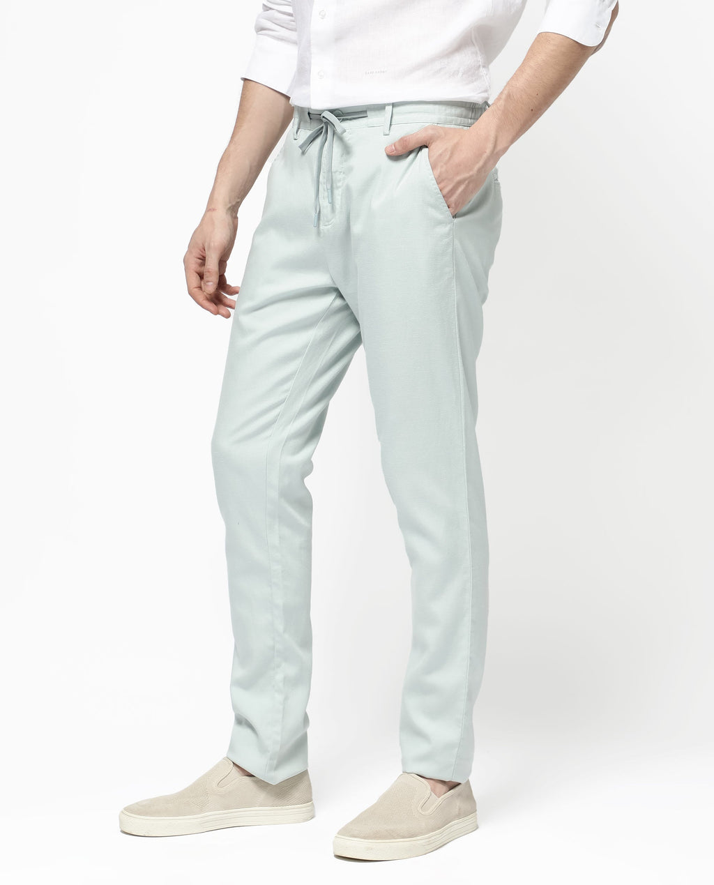 Rare Rabbit Men's Reric Pastel Turq Linen Blend Plain Regular Fit Trouser