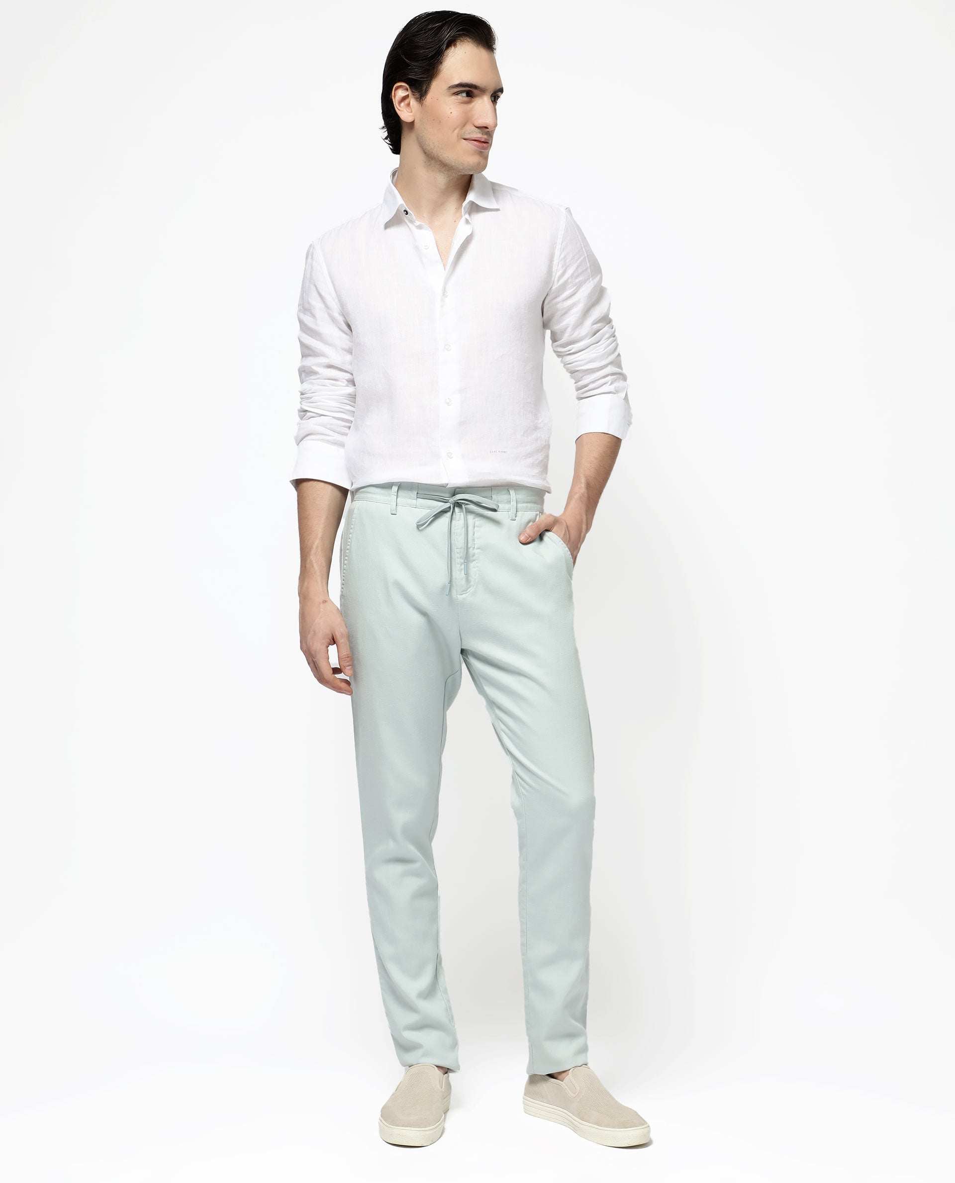 Rare Rabbit Men's Reric Pastel Turq Linen Blend Plain Regular Fit Trouser