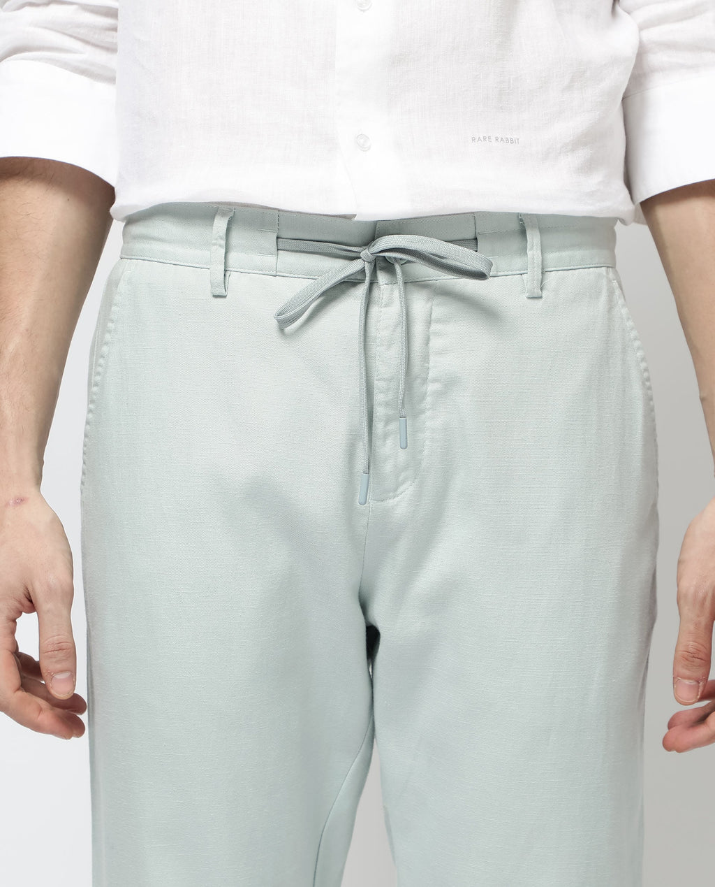 Rare Rabbit Men's Reric Pastel Turq Linen Blend Plain Regular Fit Trouser