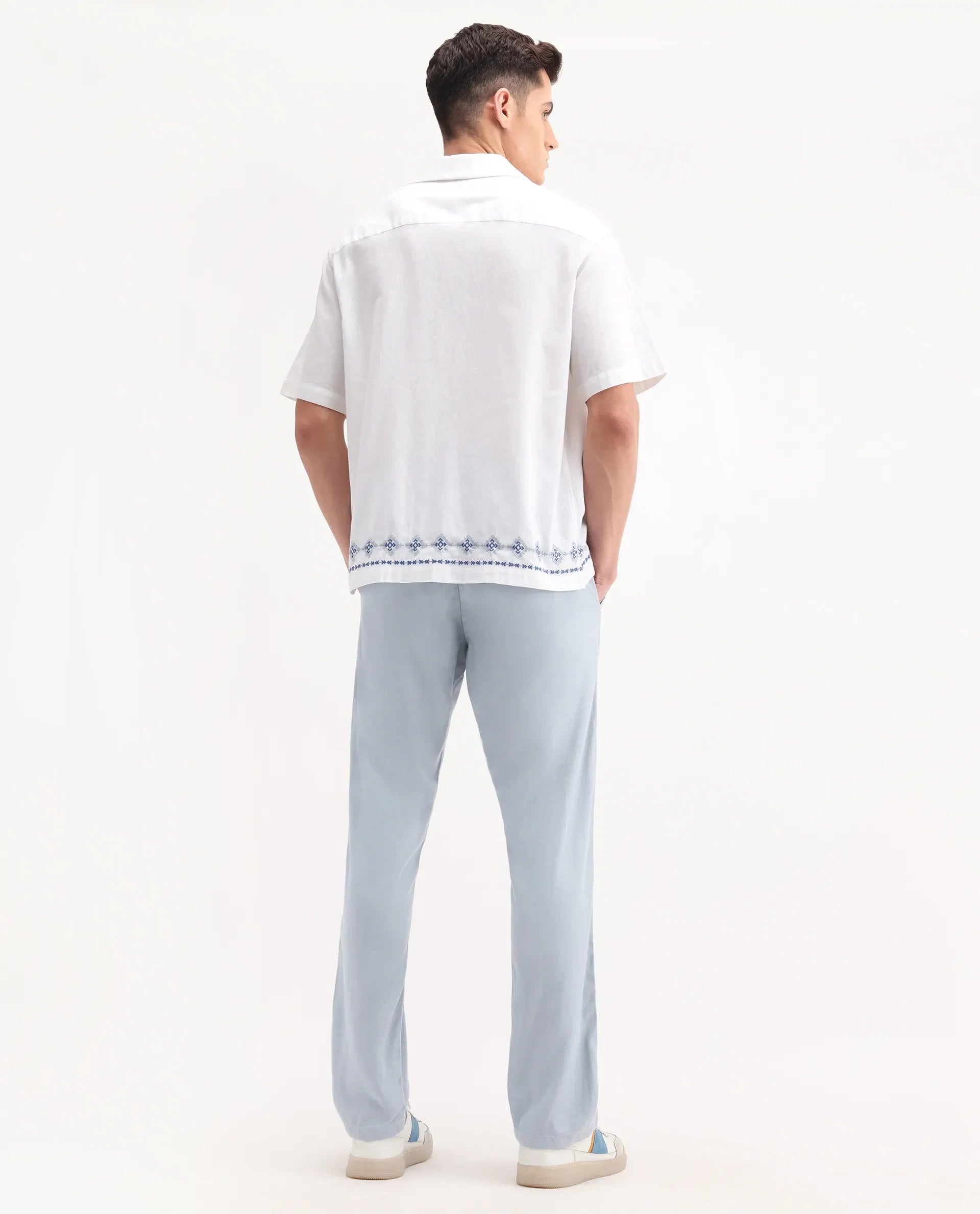 Rare Rabbit Men's Reric Pastel Blue Linen Blend Plain Regular Fit Trouser