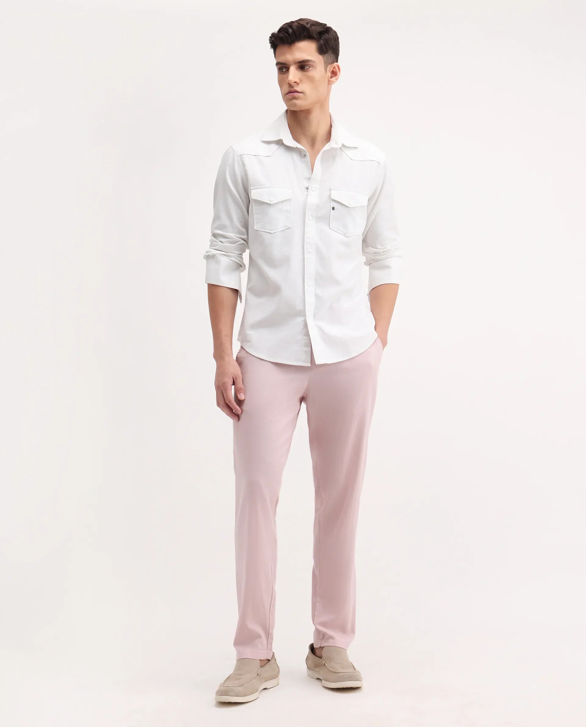 Rare Rabbit Men's Reric Pastel Pink Linen Blend Plain Regular Fit Trouser