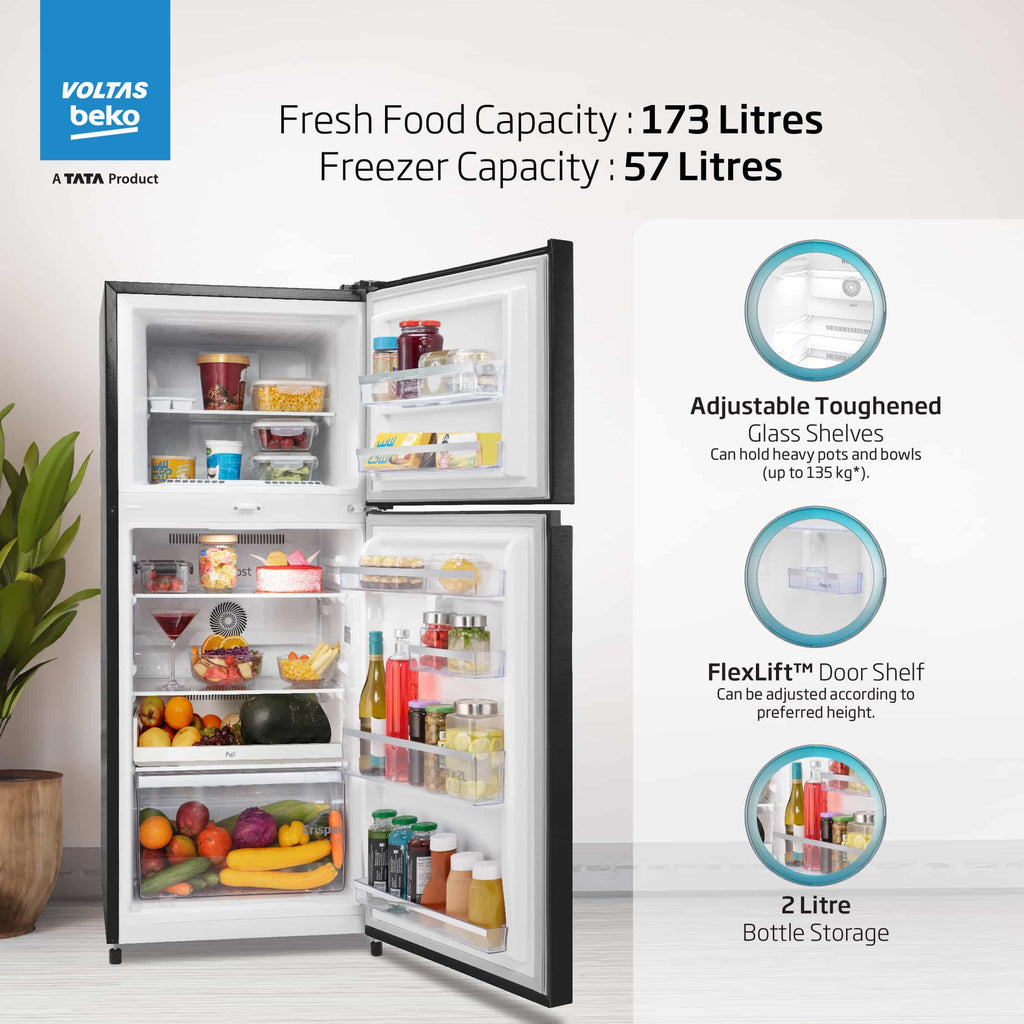 Voltas Beko 230 L, 3 Star, Double Door Frost Free Refrigerator (Wooden Black)
