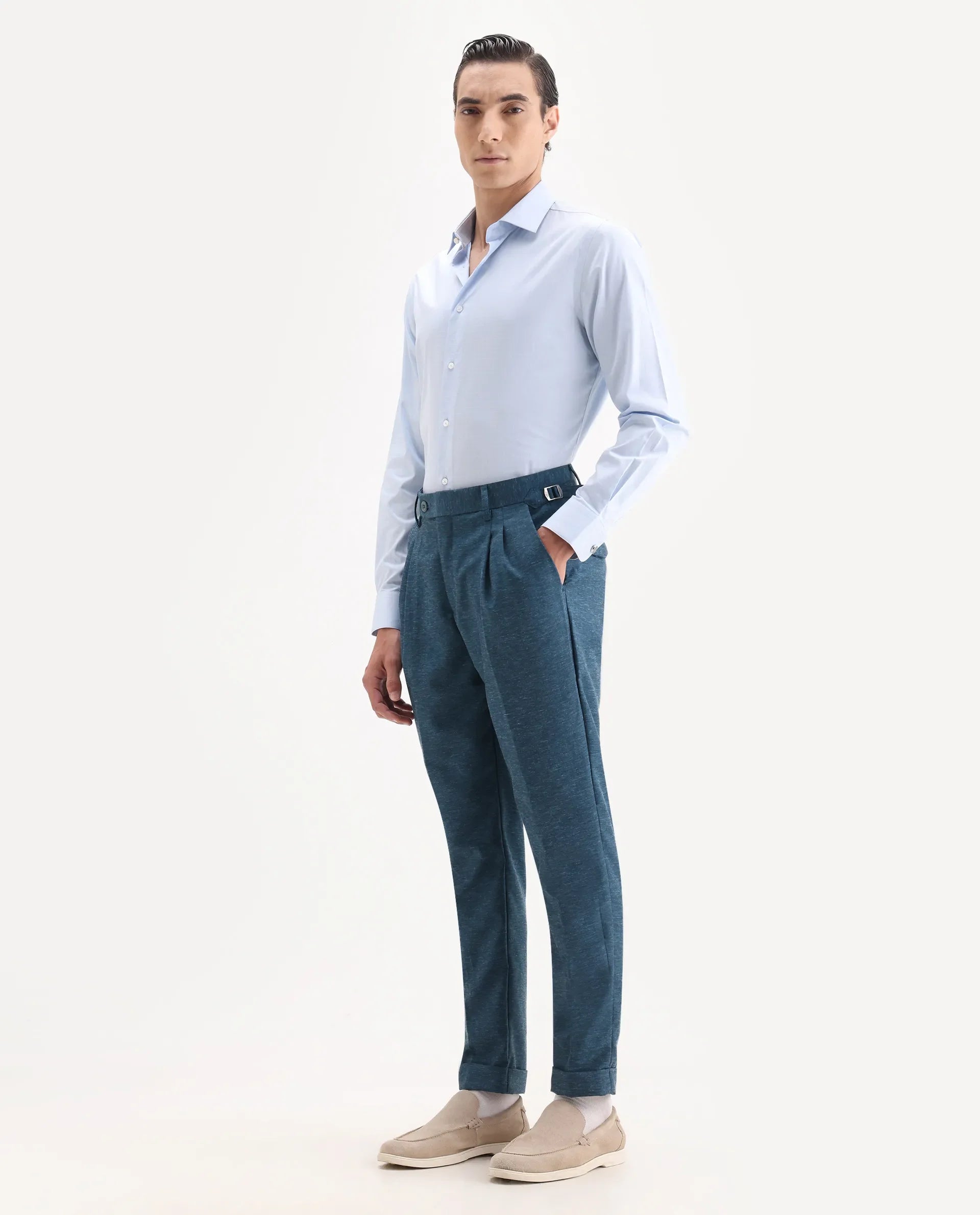 Rare Rabbit Men's Rhesa Dark Teal Linen Blend Plain Relaxed Fit Trouser