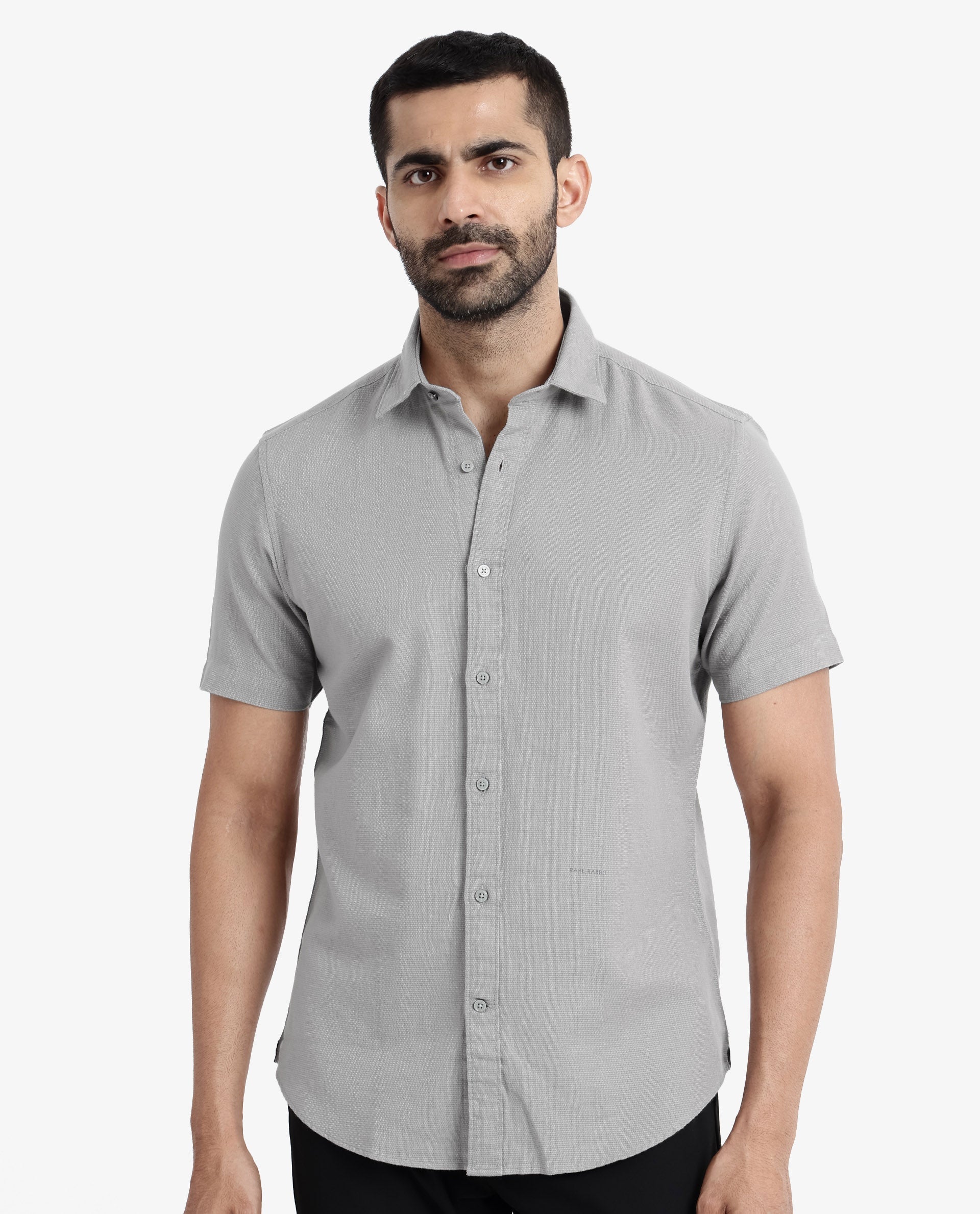 Rare Rabbit Men's Rissa Grey Cotton Plain Regular Fit Half Sleeve Collared Shirt