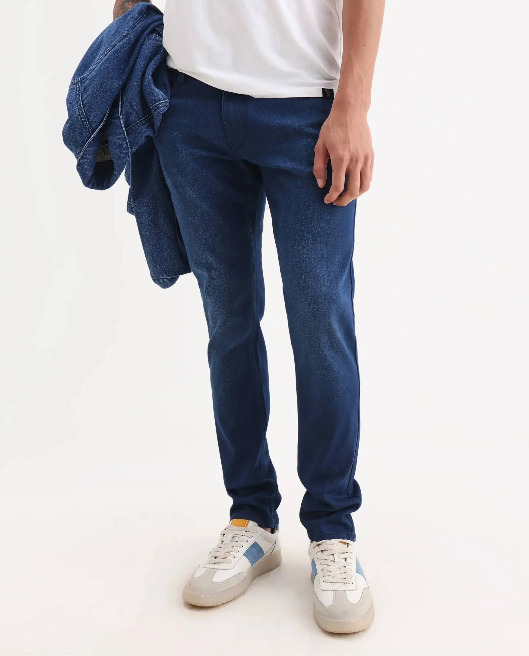 Rare Rabbit Men's River Blue Cotton Blend Fabric Hawk Slim Fit Plain Jeans