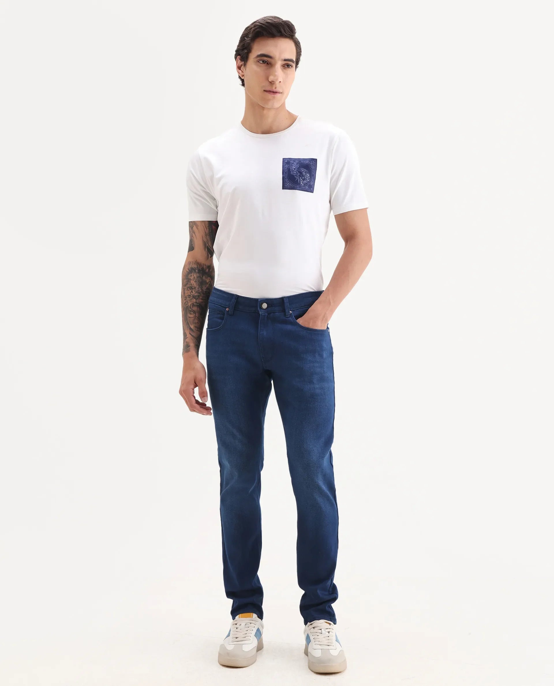 Rare Rabbit Men's River Blue Cotton Blend Fabric Hawk Slim Fit Plain Jeans