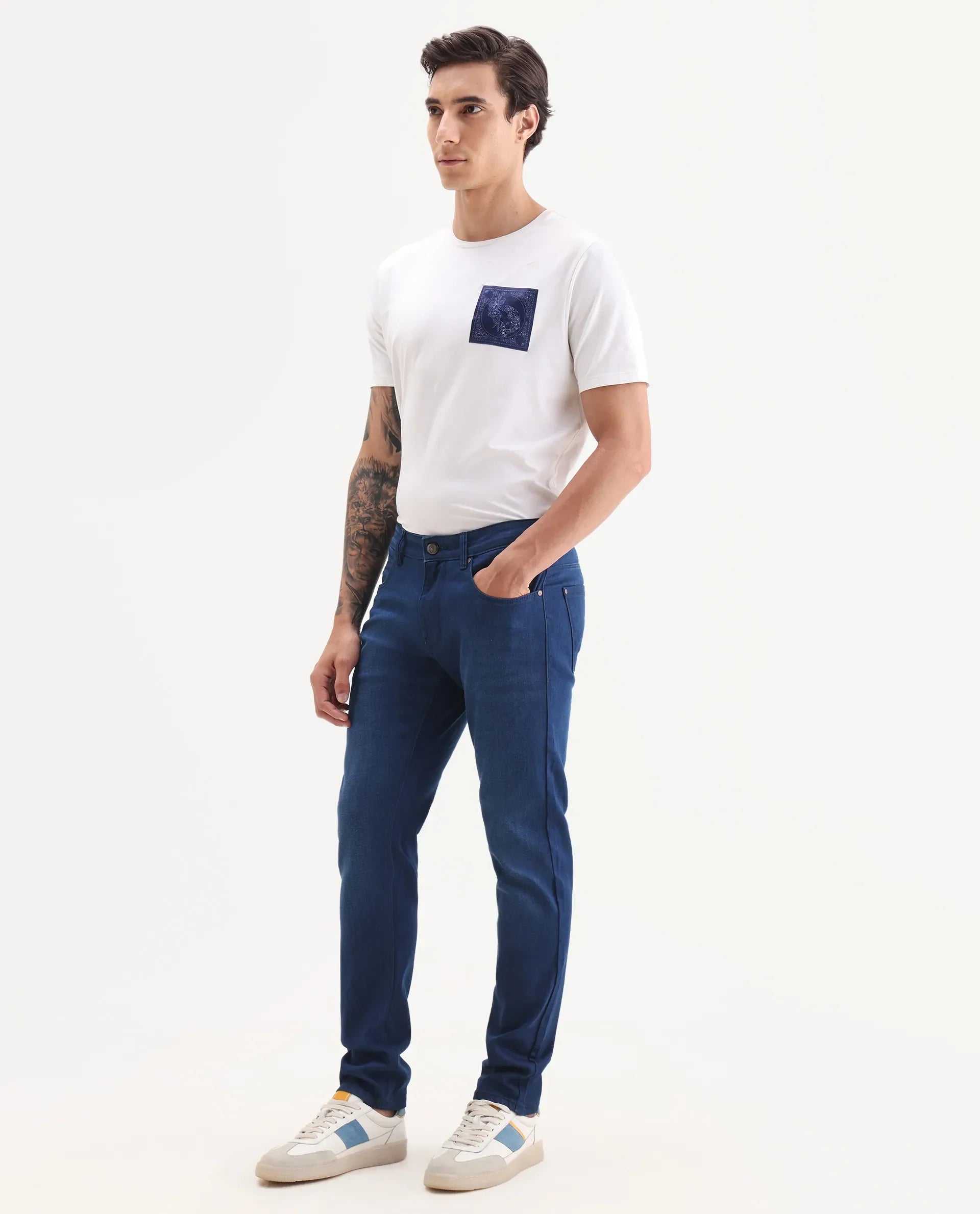 Rare Rabbit Men's River Blue Cotton Blend Fabric Hawk Slim Fit Plain Jeans