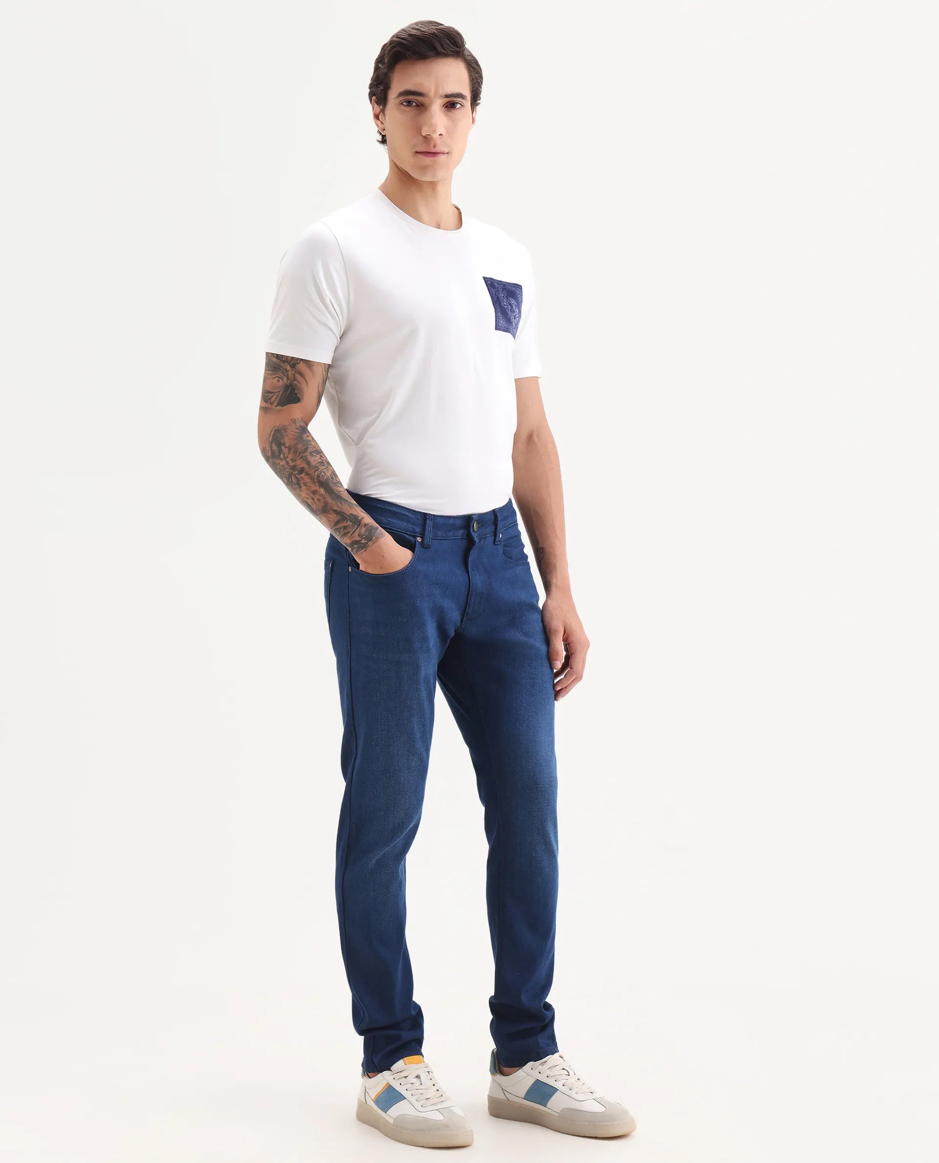 Rare Rabbit Men's River Blue Cotton Blend Fabric Hawk Slim Fit Plain Jeans