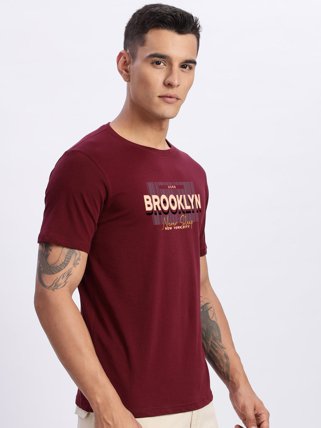 Men Printed Light Maroon T Shirt
