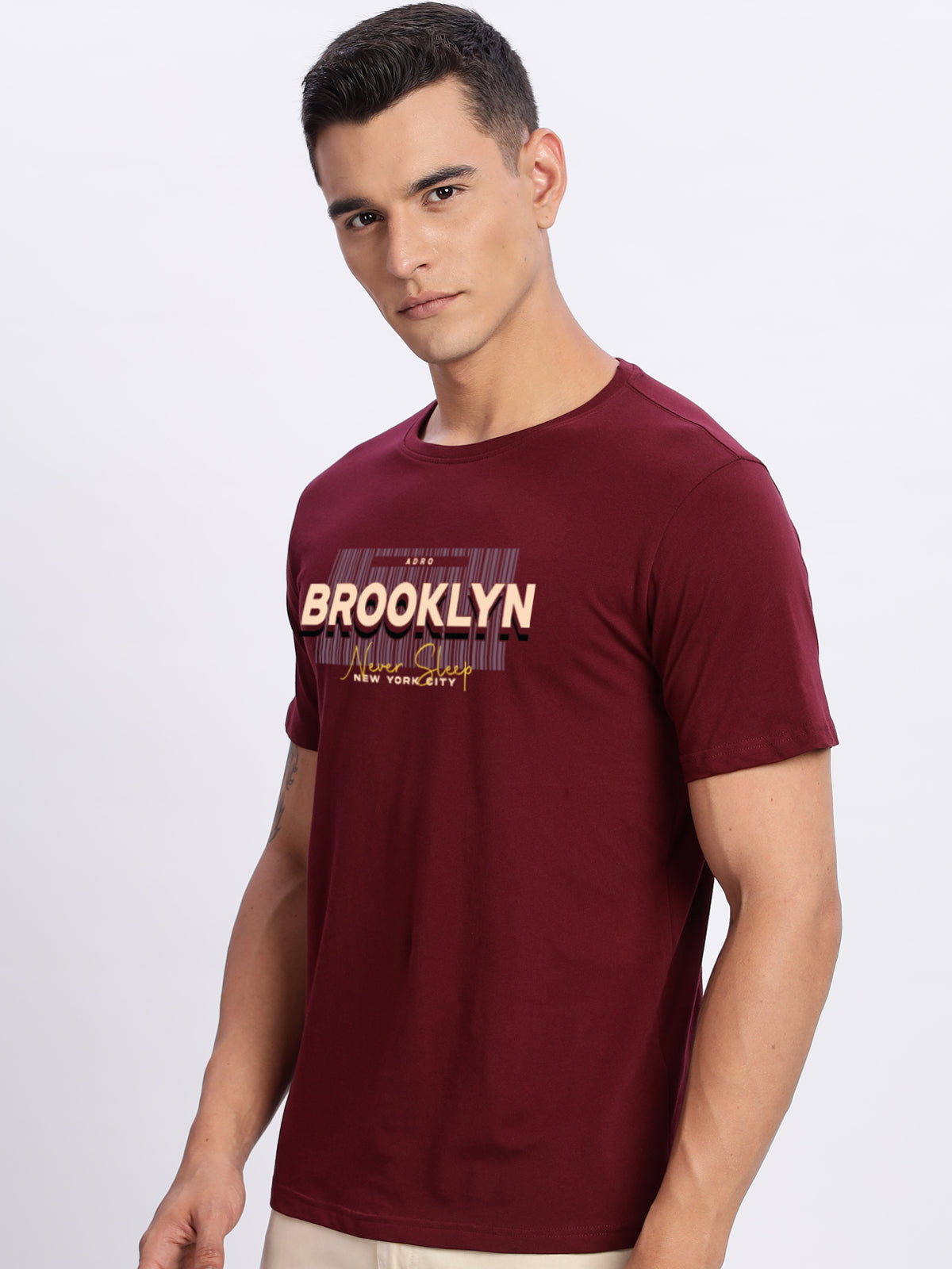 Men Printed Light Maroon T Shirt