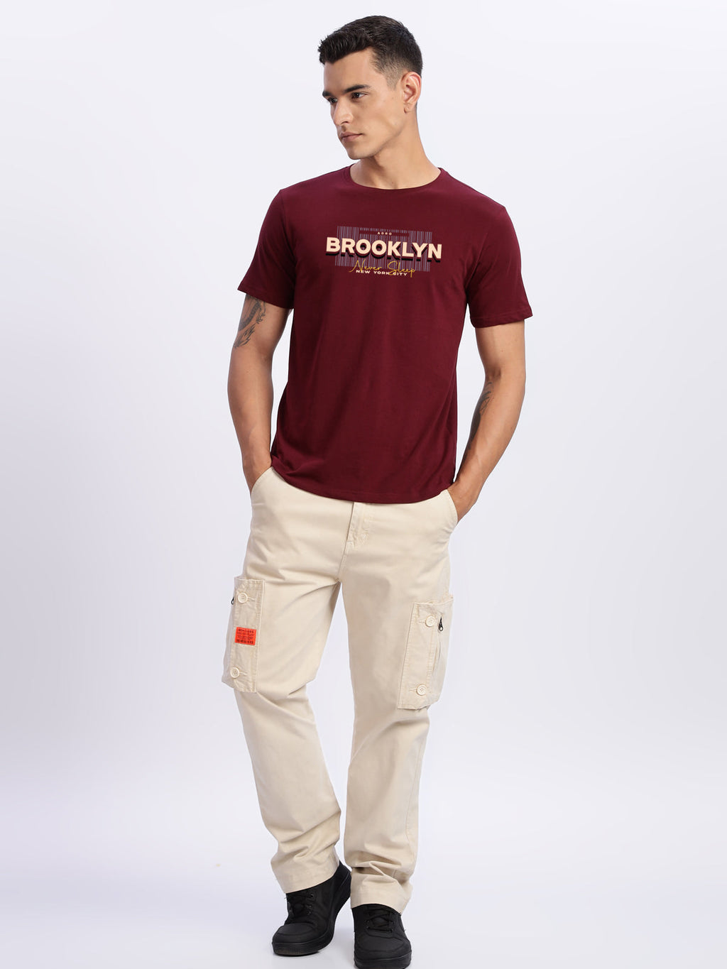 Men Printed Light Maroon T Shirt