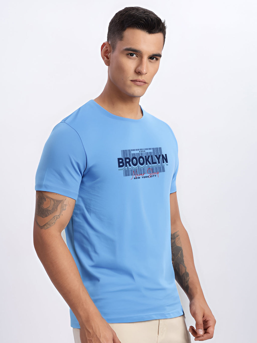 Men Printed Sky Blue T Shirt