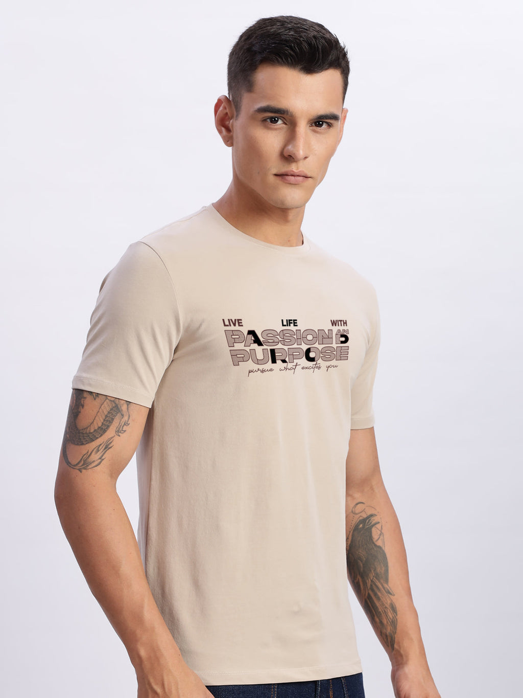 Men Printed Beige T Shirt