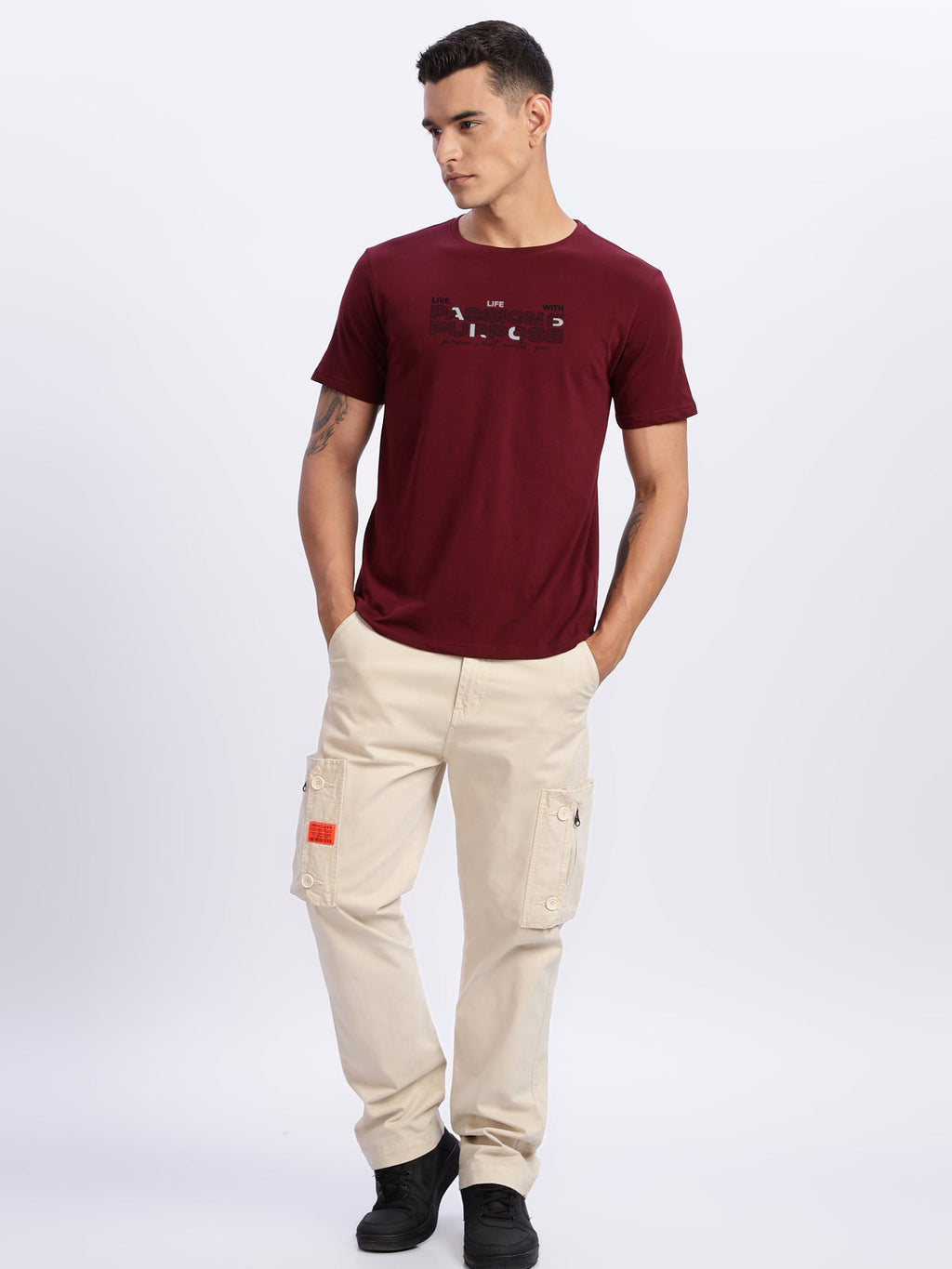 Men Printed Light Maroon T Shirt