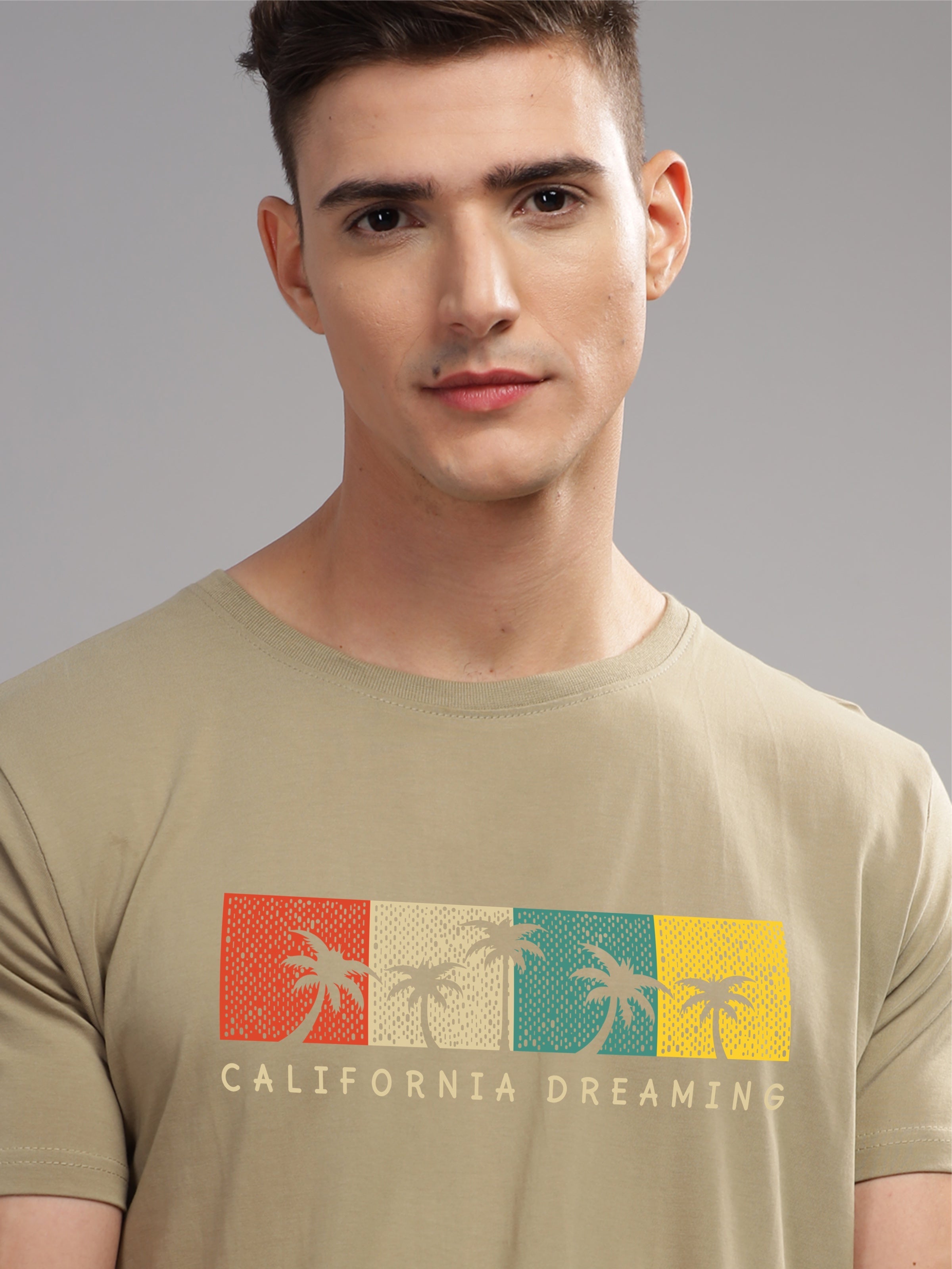 Men Beige Round Neck T Shirt