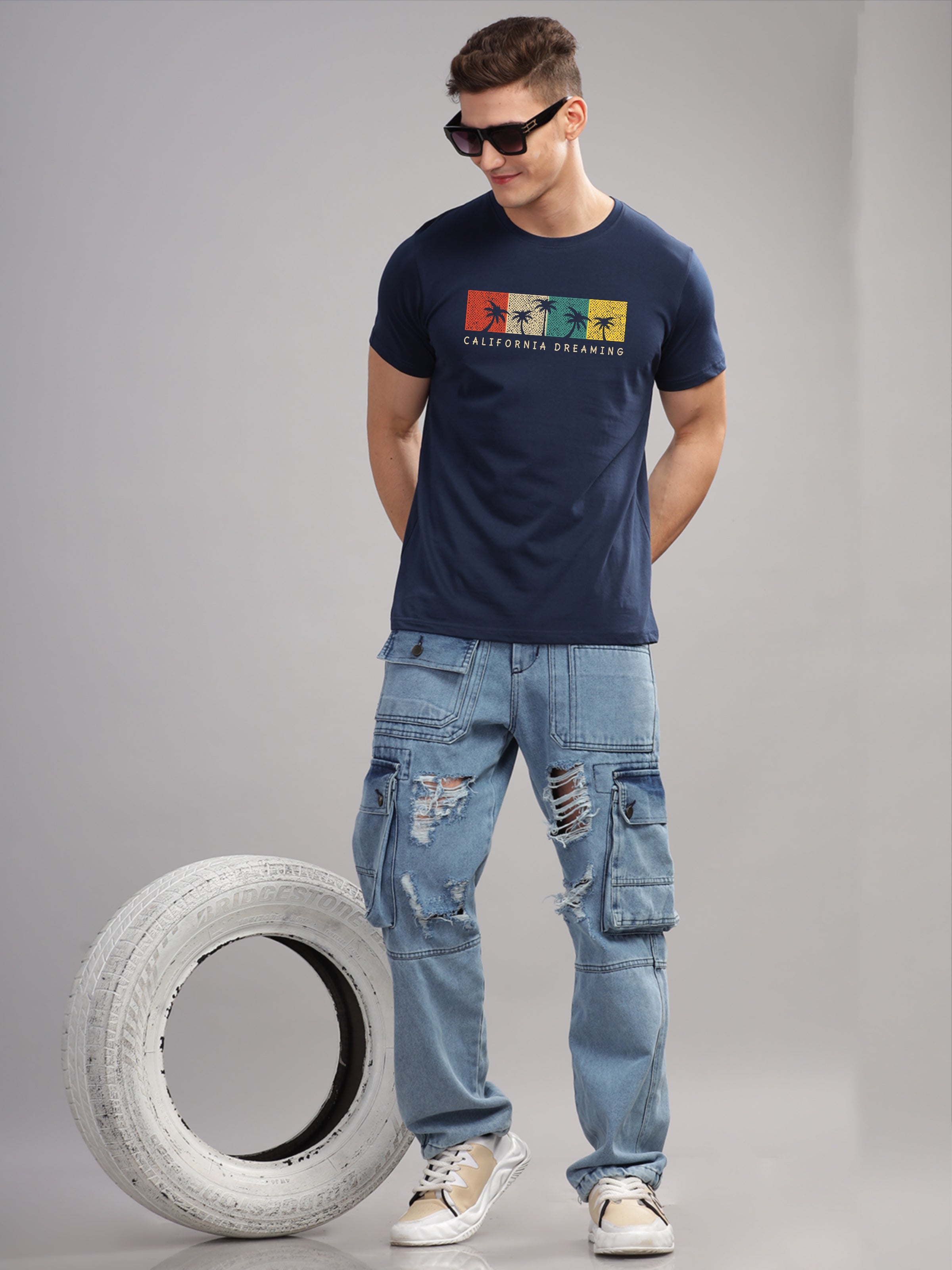 Men Navy Blue Round Neck T Shirt