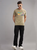 Men Beige Round Neck T Shirt