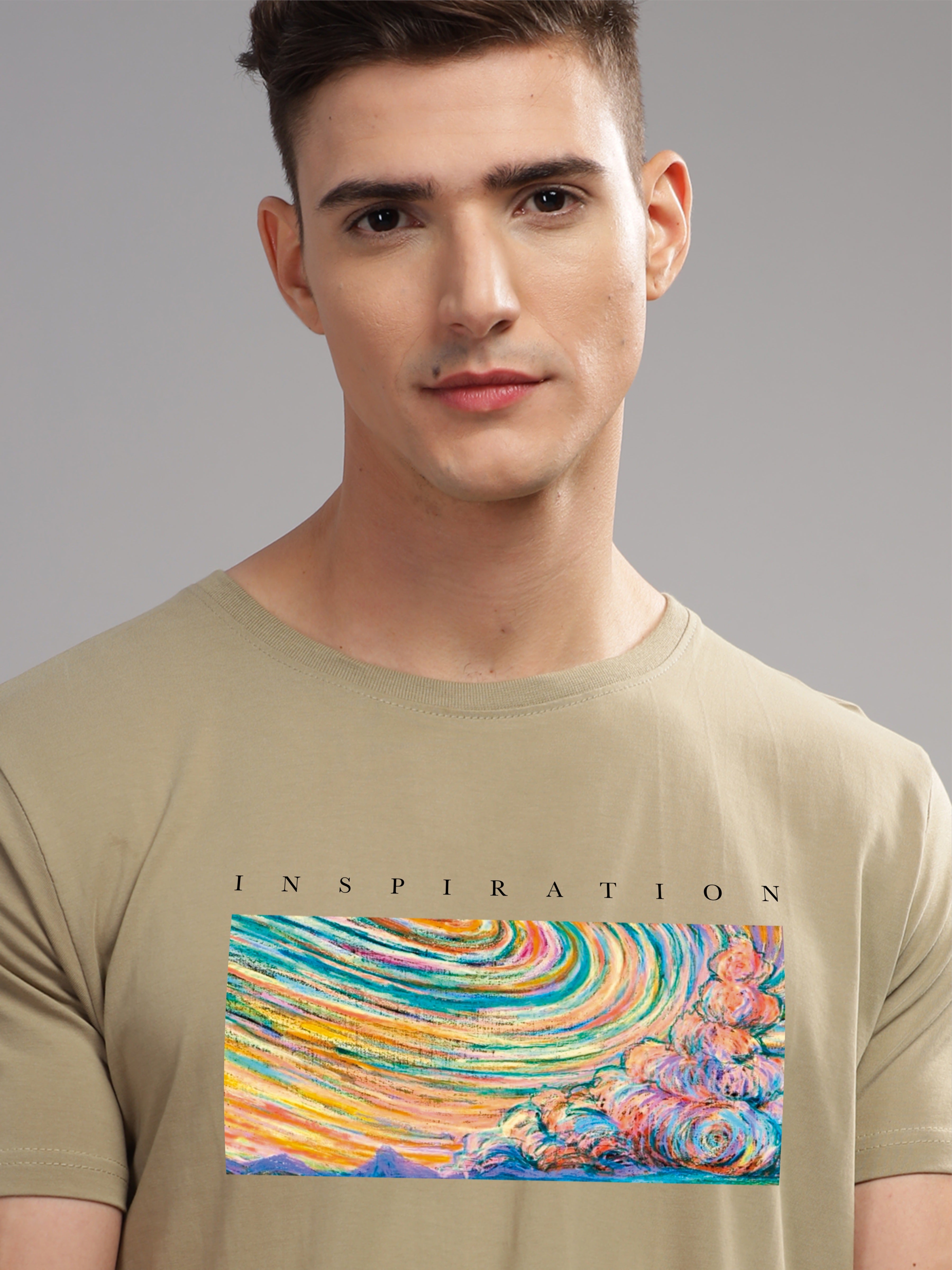 Men Beige Round Neck T Shirt