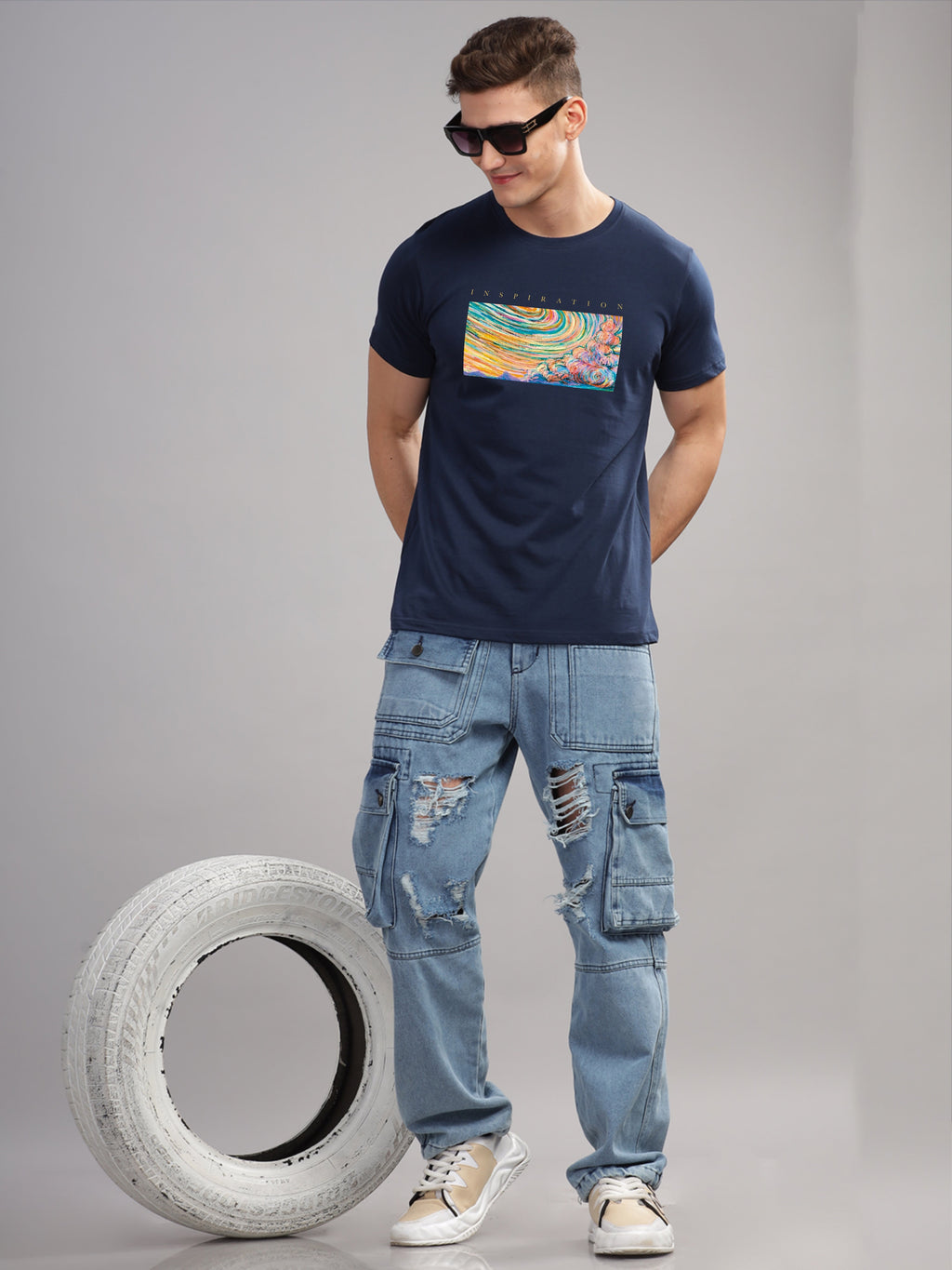Men Navy Blue Round Neck T Shirt