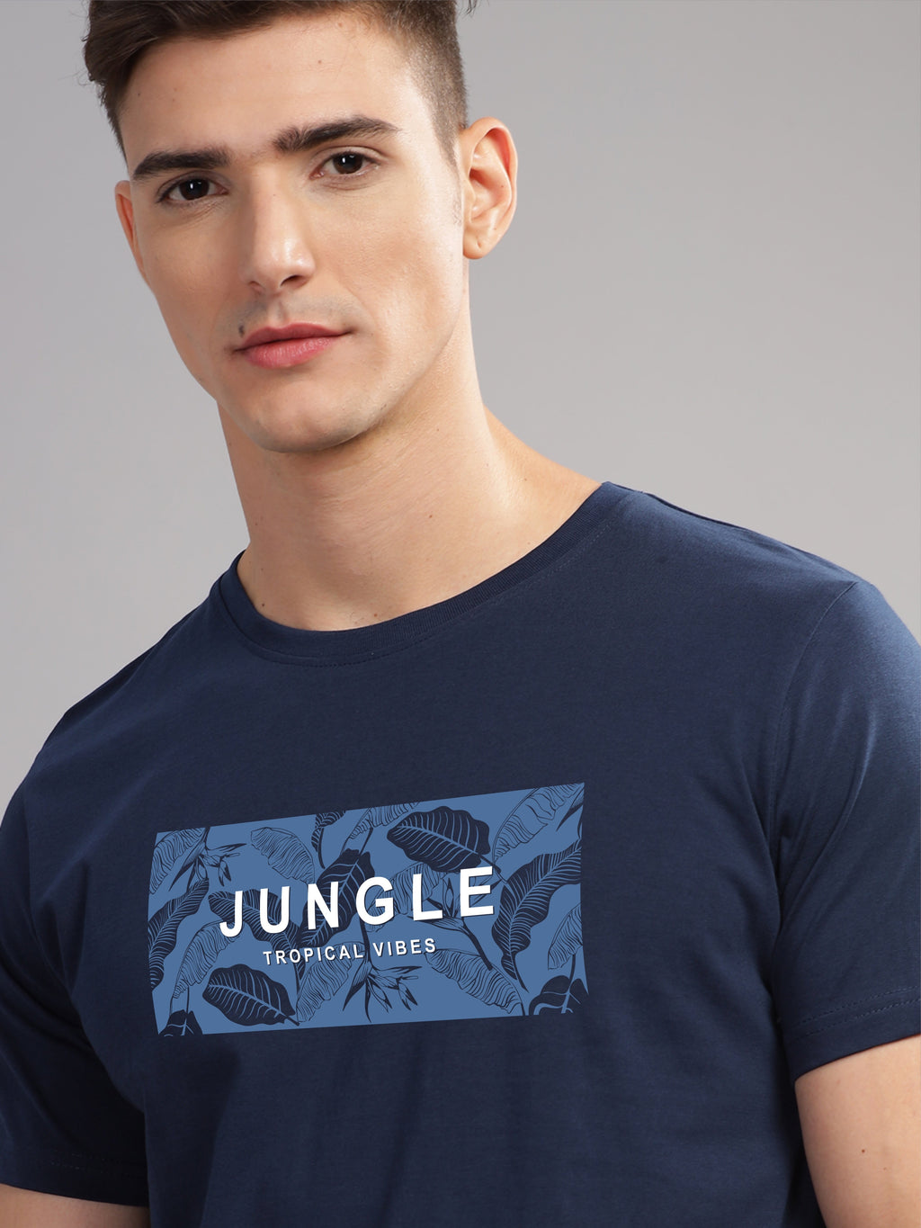 Men Navy Blue Round Neck T Shirt