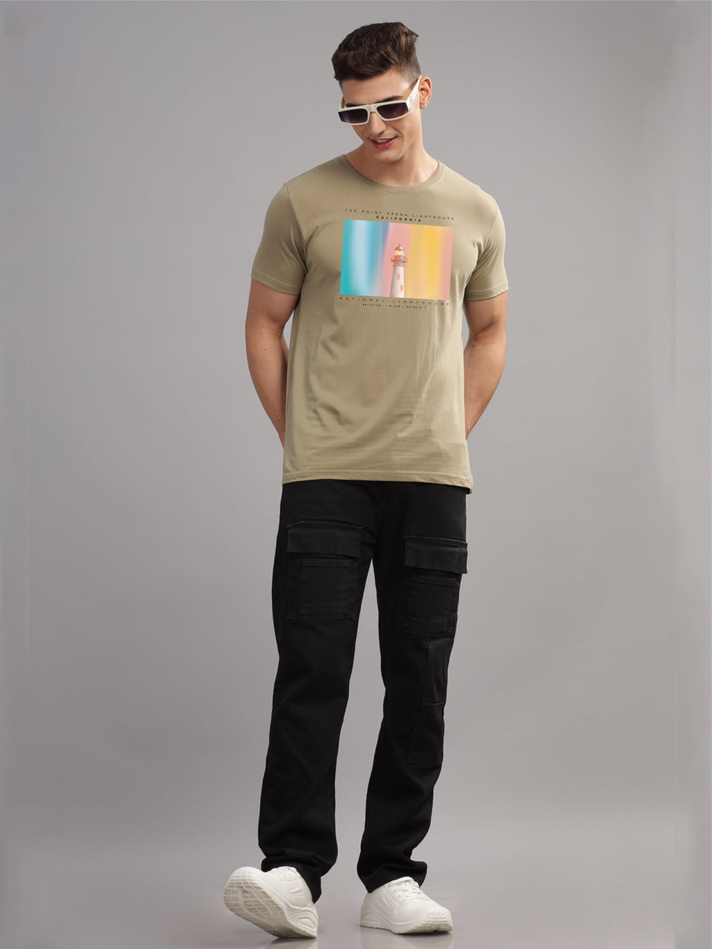 Men Beige Round Neck T Shirt