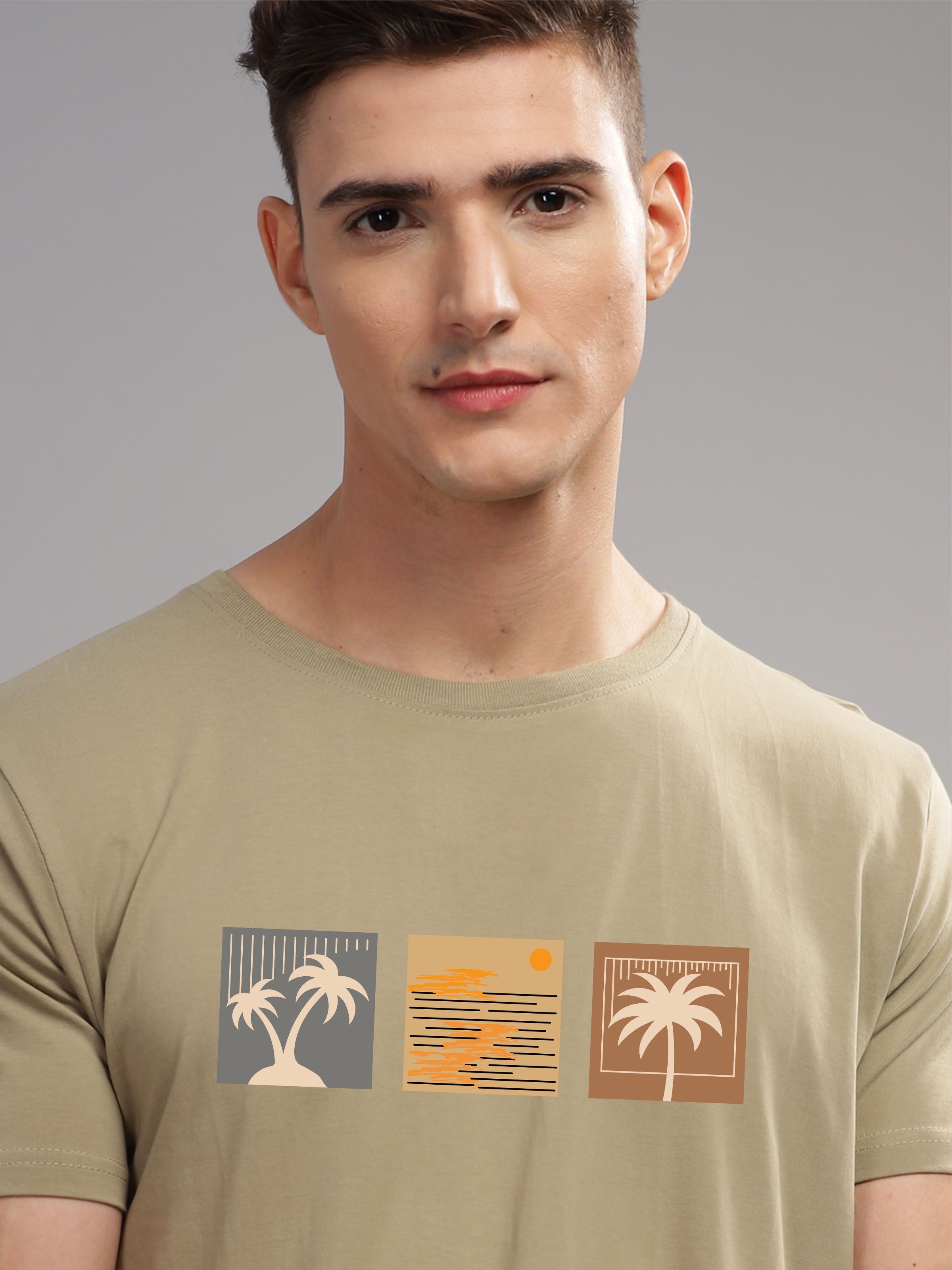 Men Beige Round Neck T Shirt