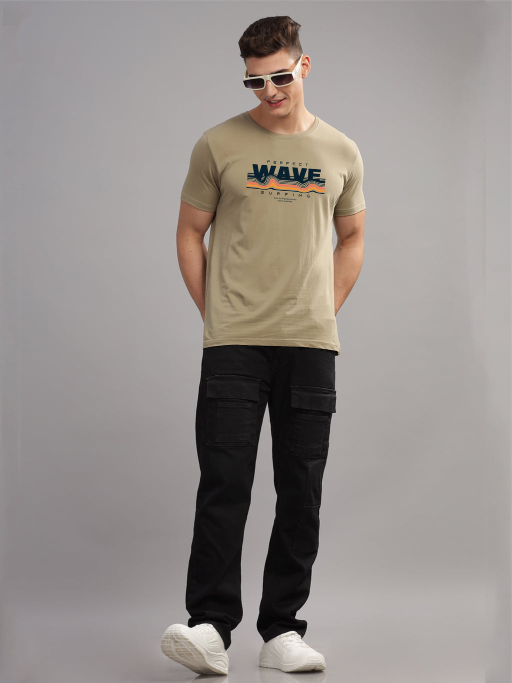 Men Beige Round Neck T Shirt