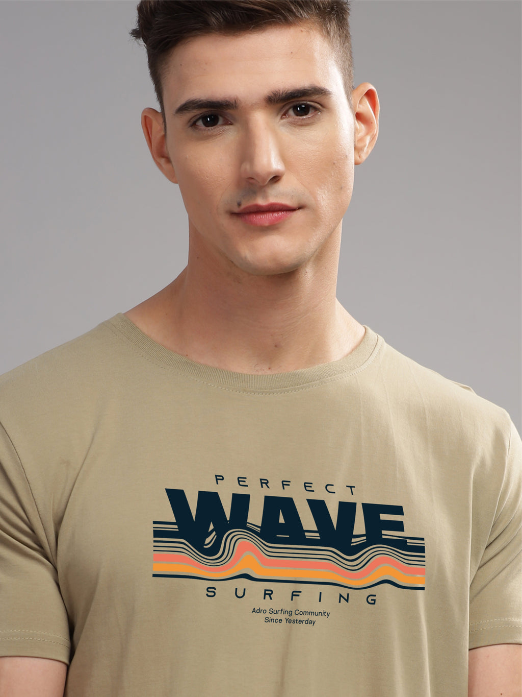 Men Beige Round Neck T Shirt