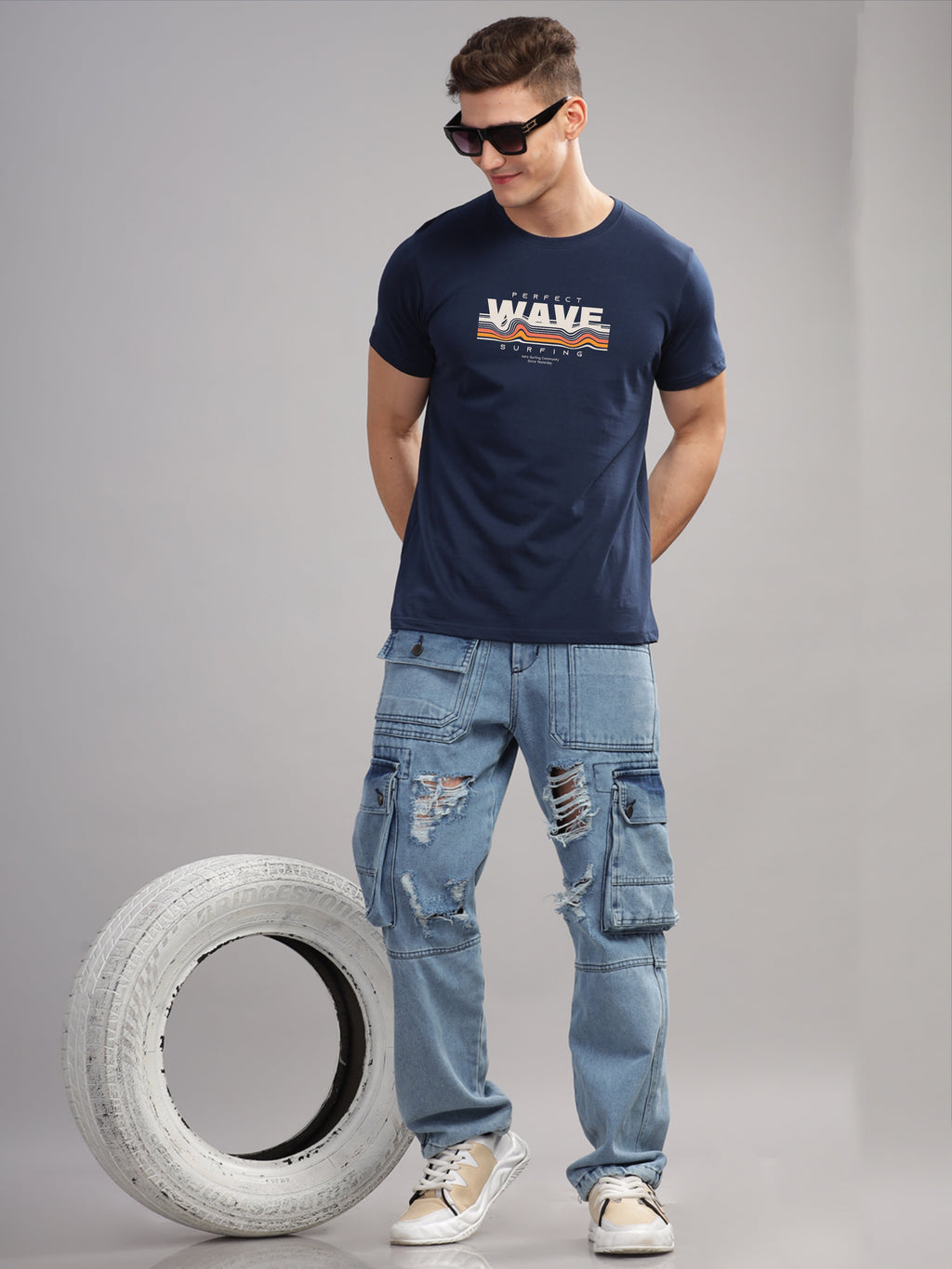 Men Navy Blue Round Neck T Shirt