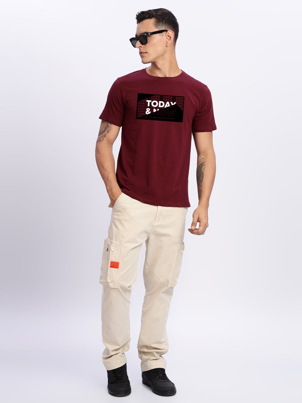 Men Printed Light Maroon T Shirt