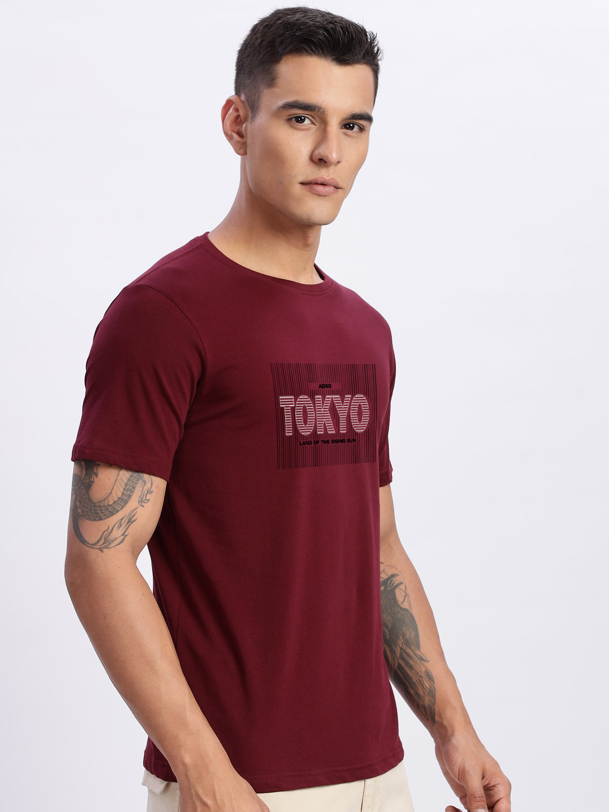 Men Printed Light Maroon T Shirt