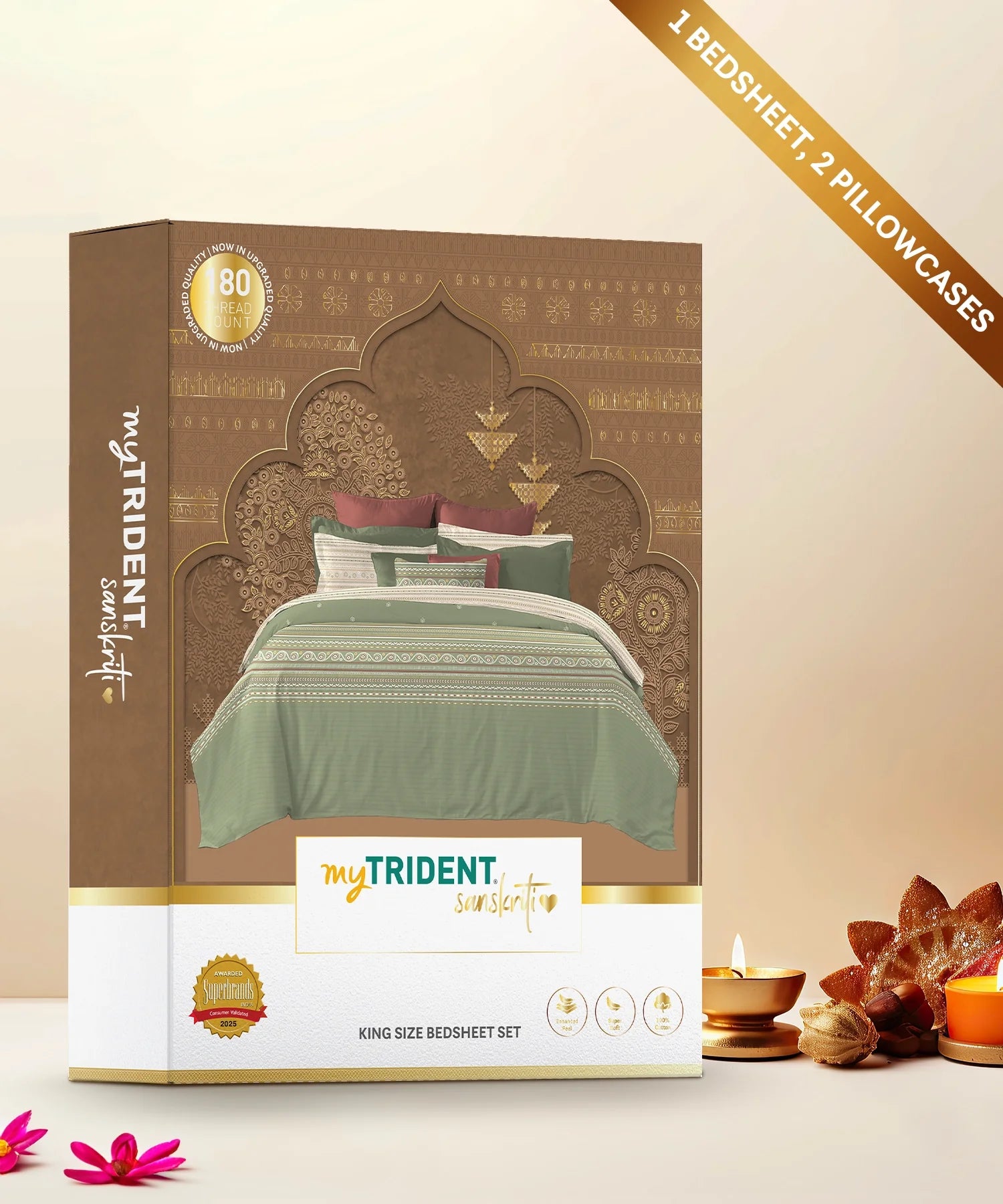 Sanskriti King Bedsheet Gift Set, Rogan Art Olive | 180 TC Cotton| 2 Pillow Covers