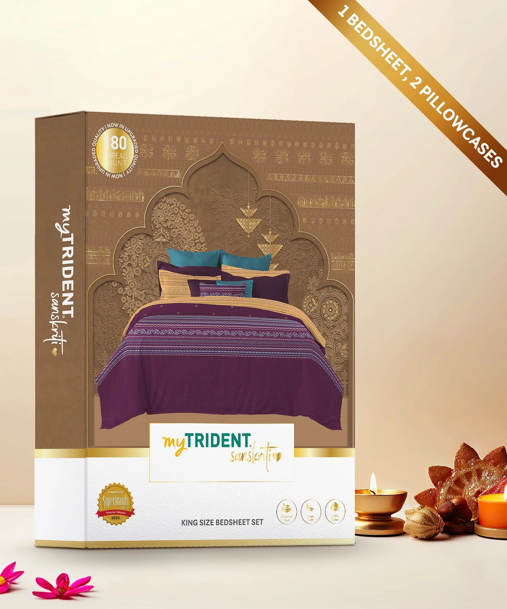 Sanskriti King Bedsheet Gift Set, Rogan Art Plum| 180 TC Cotton| 2 Pillow Covers