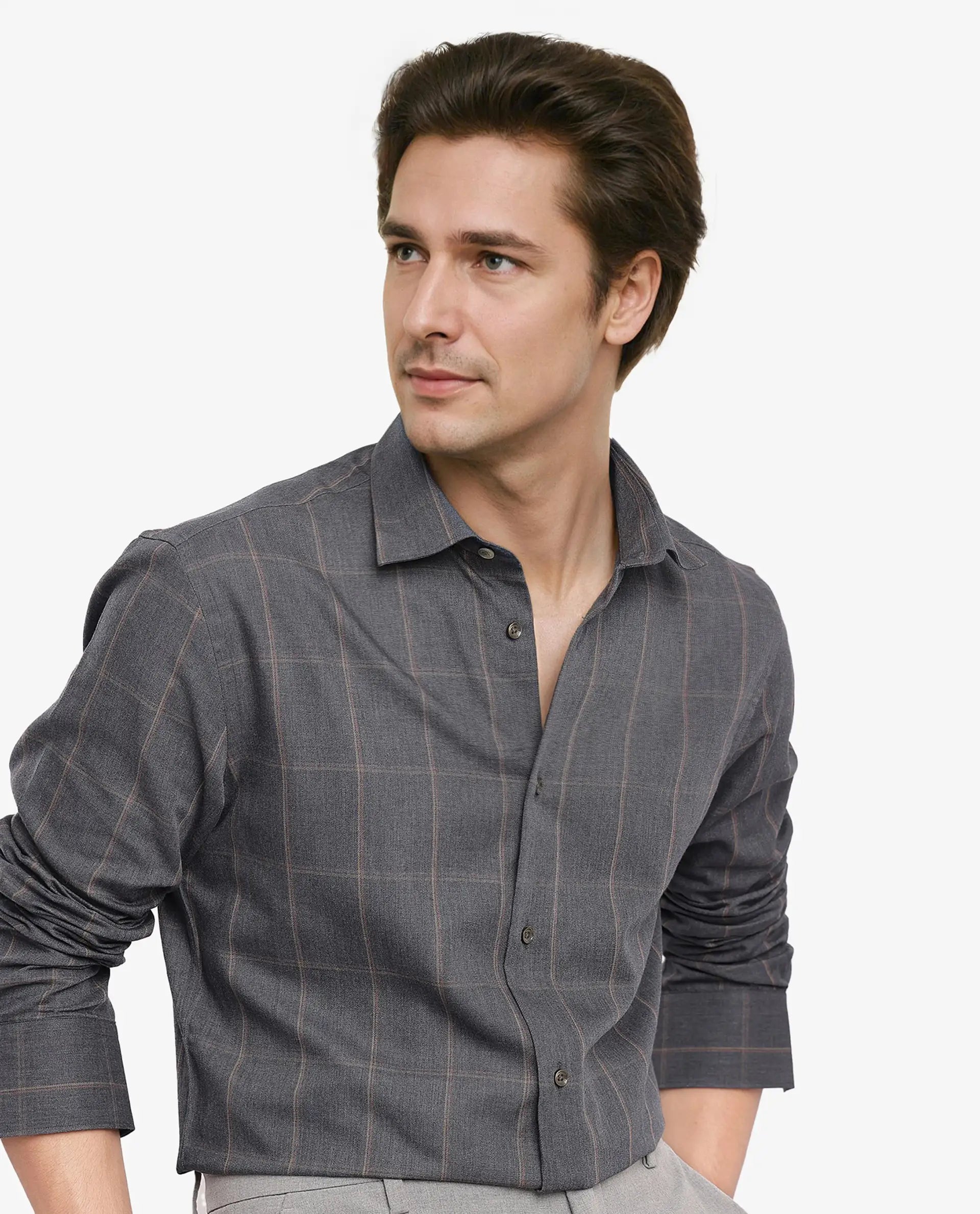 Rare Rabbit Men's Ropos-2 Grey Cotton Checked Print Regular Fit Full Sleeve Collared Shirt