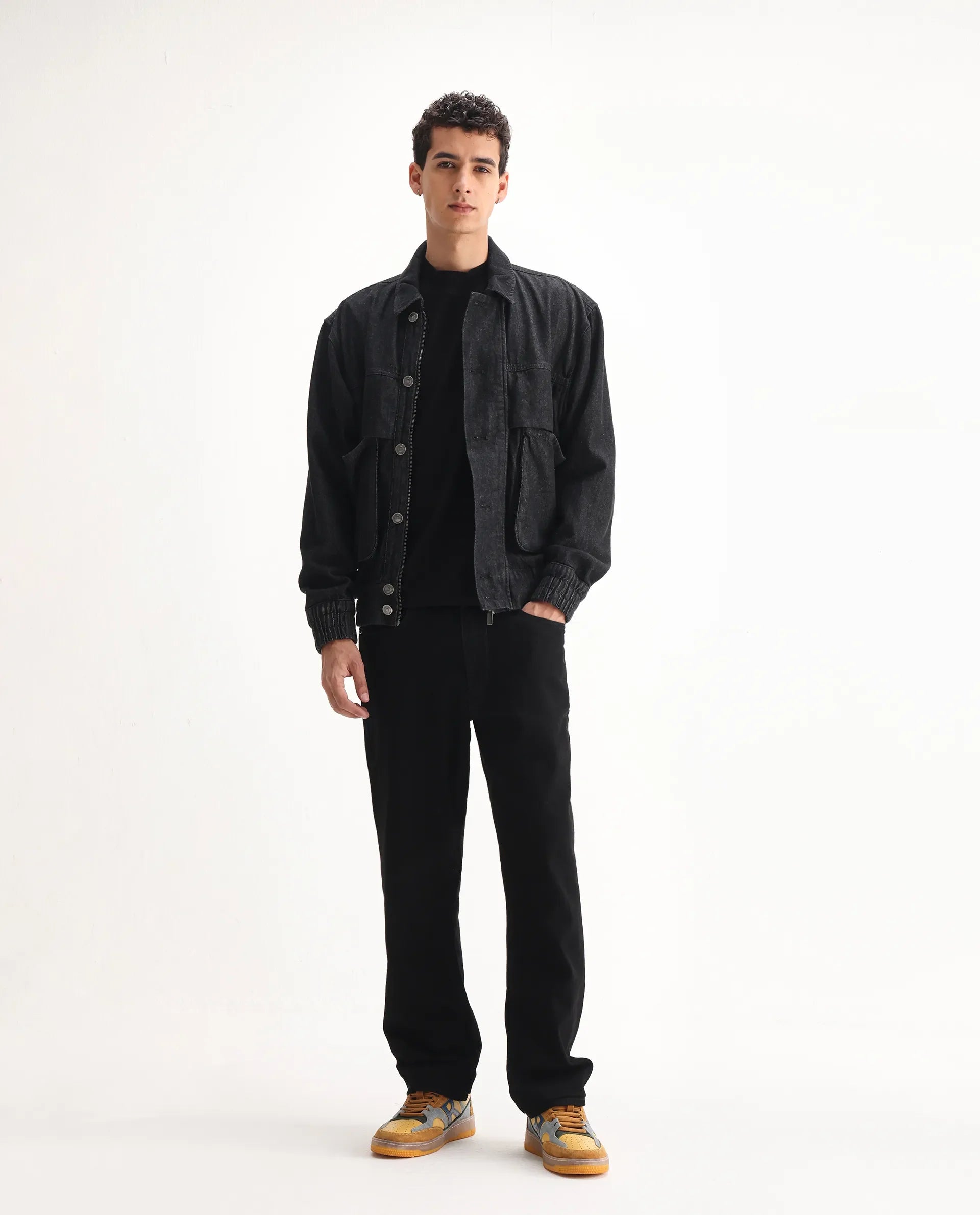 Rare Rabbit Men's Rosic Black Cotton Plain Morris Regular Fit Jeans