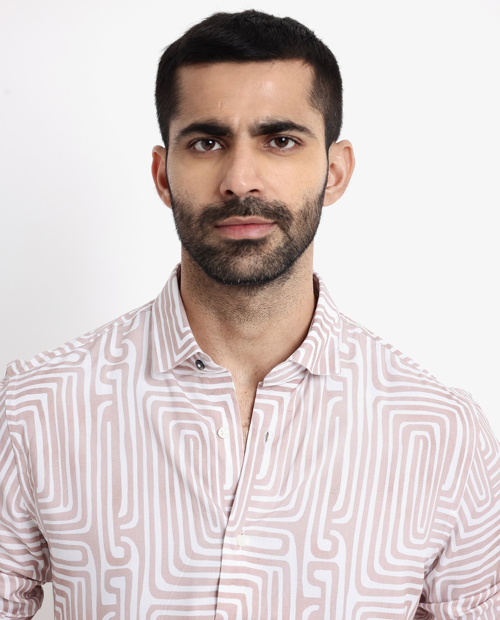 Rare Rabbit Men's Rotary Beige Cotton Abstract Print Tailored Fit Full Sleeve Collared Shirt