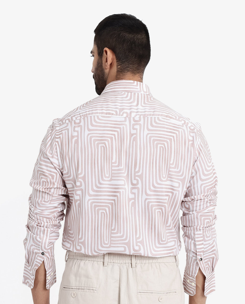 Rare Rabbit Men's Rotary Beige Cotton Abstract Print Tailored Fit Full Sleeve Collared Shirt
