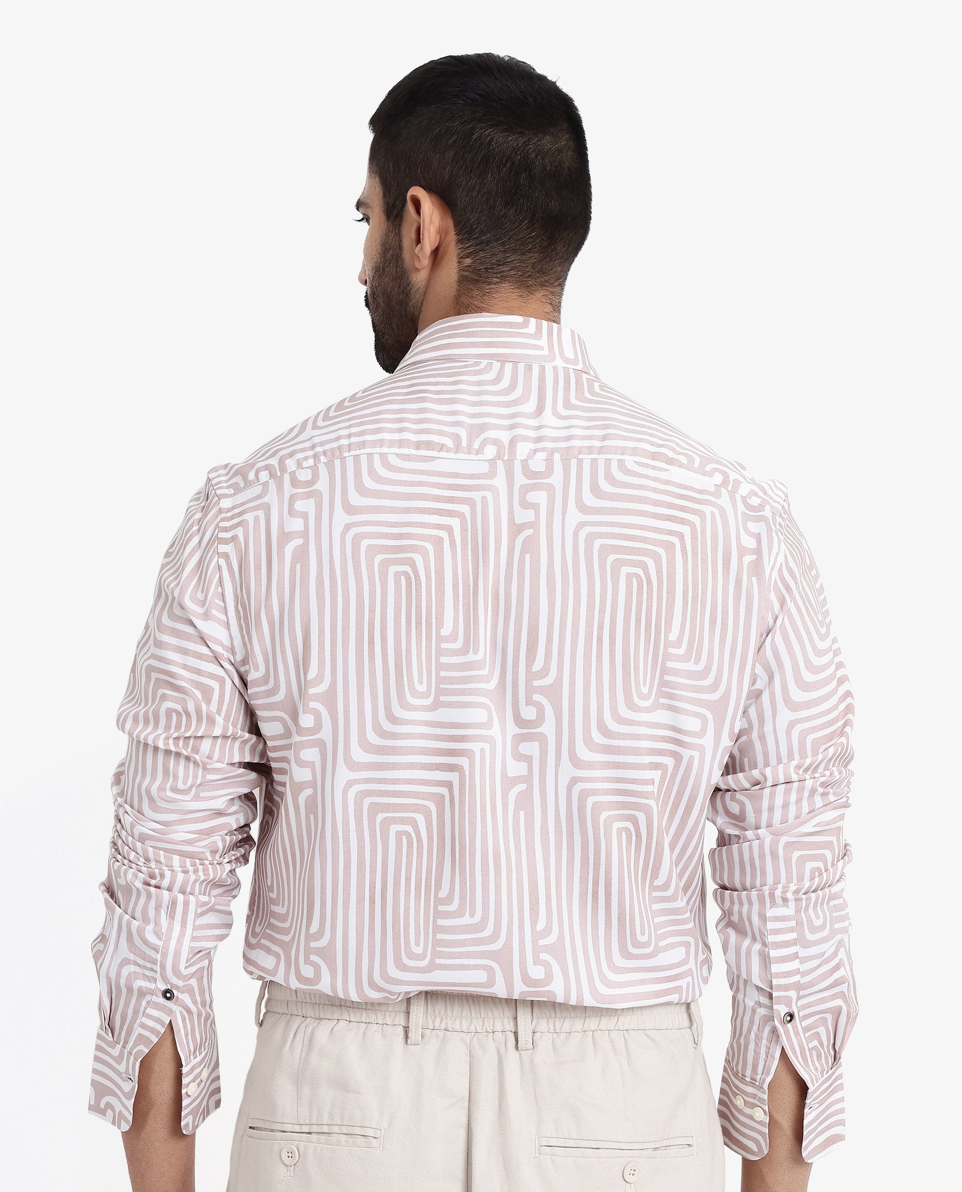 Rare Rabbit Men's Rotary Beige Cotton Abstract Print Tailored Fit Full Sleeve Collared Shirt