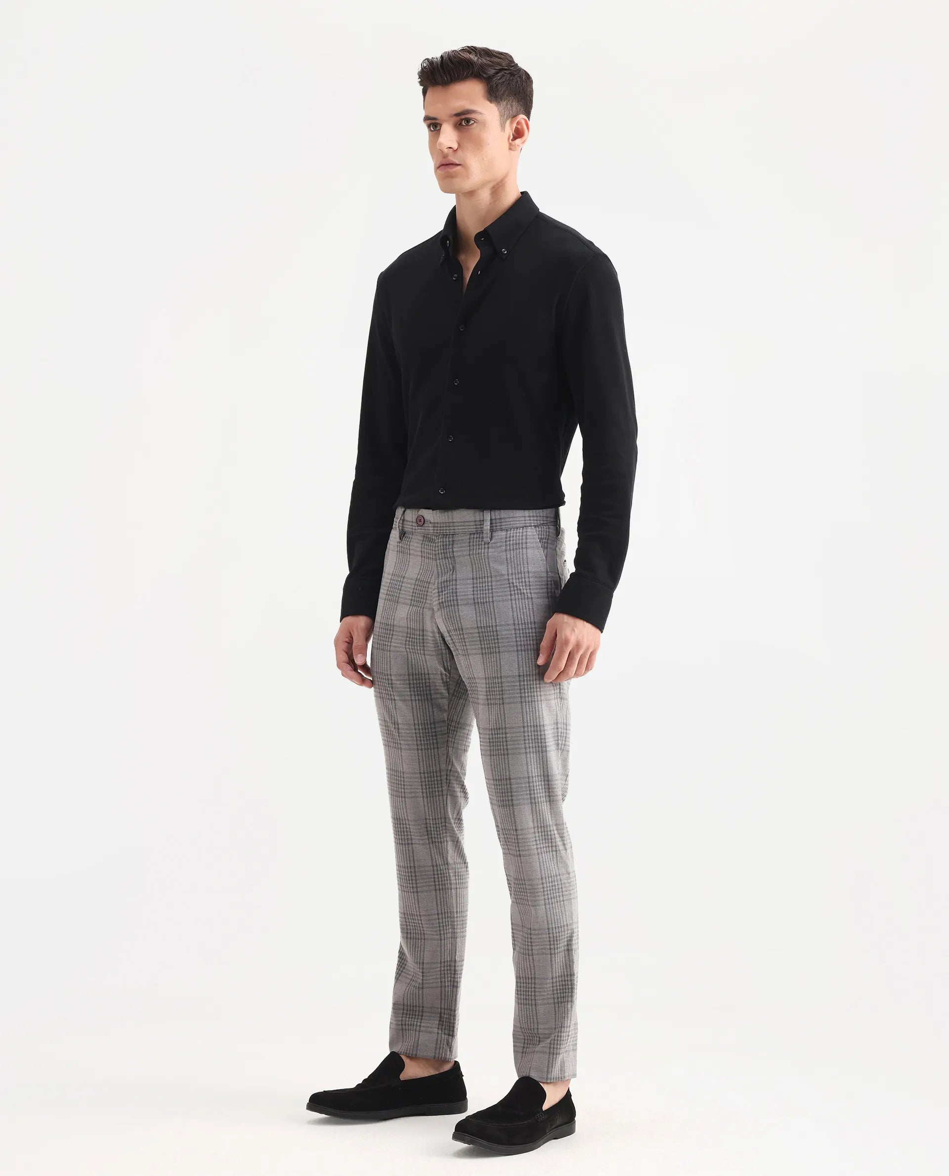 Rare Rabbit Men's Rowe Grey Polyester Checked Print Regular Fit Trouser
