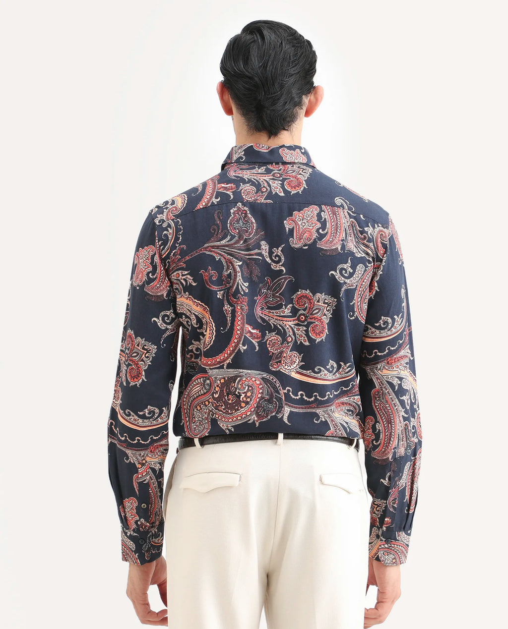 Rare Rabbit Men's Strom Dark Blue Viscose Paisley Print Regular Fit Full Sleeve Collared Shirt