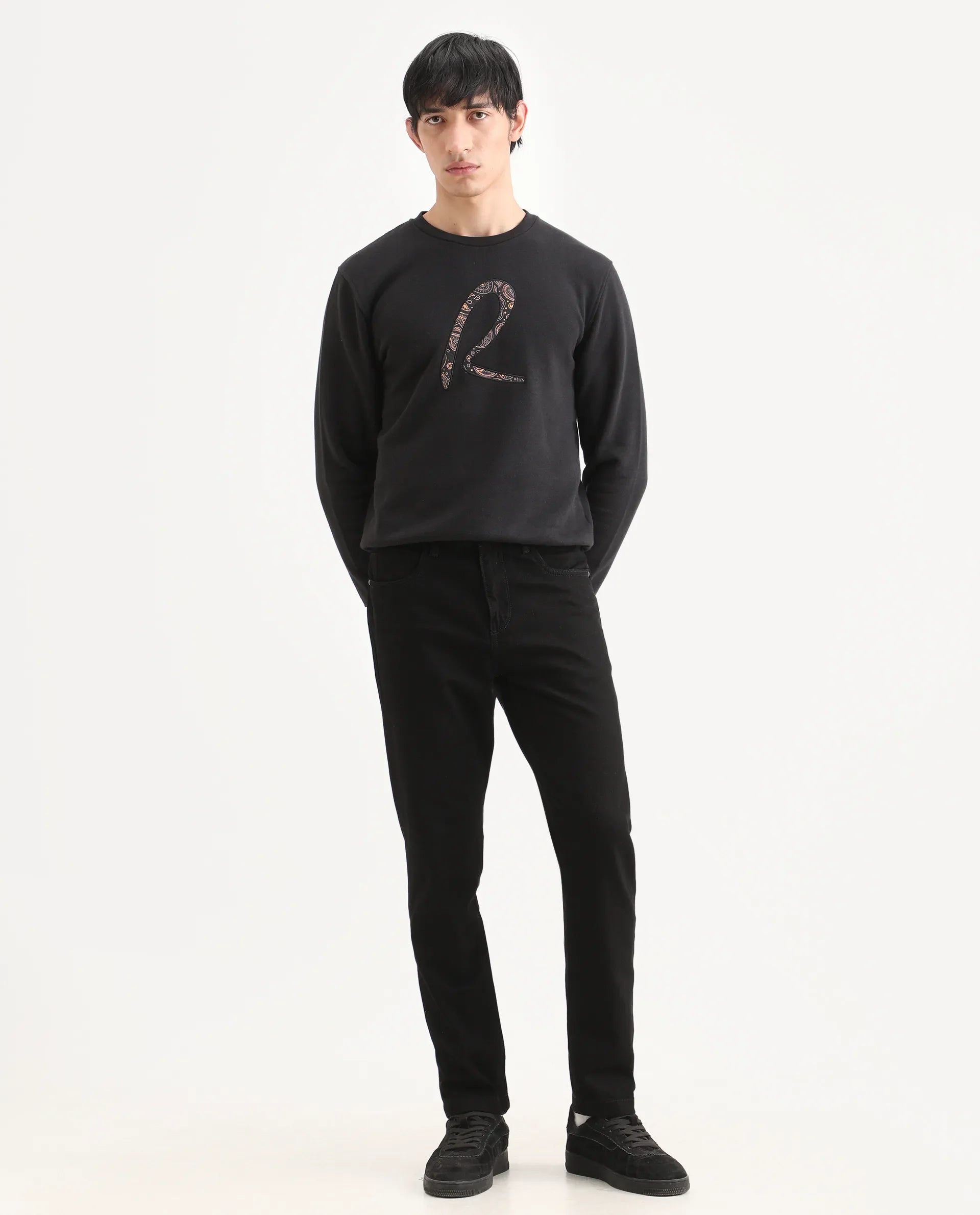 Rare Rabbit Men's Khal 26 Black Cotton Fabric Kurt Carrot Plain Jeans