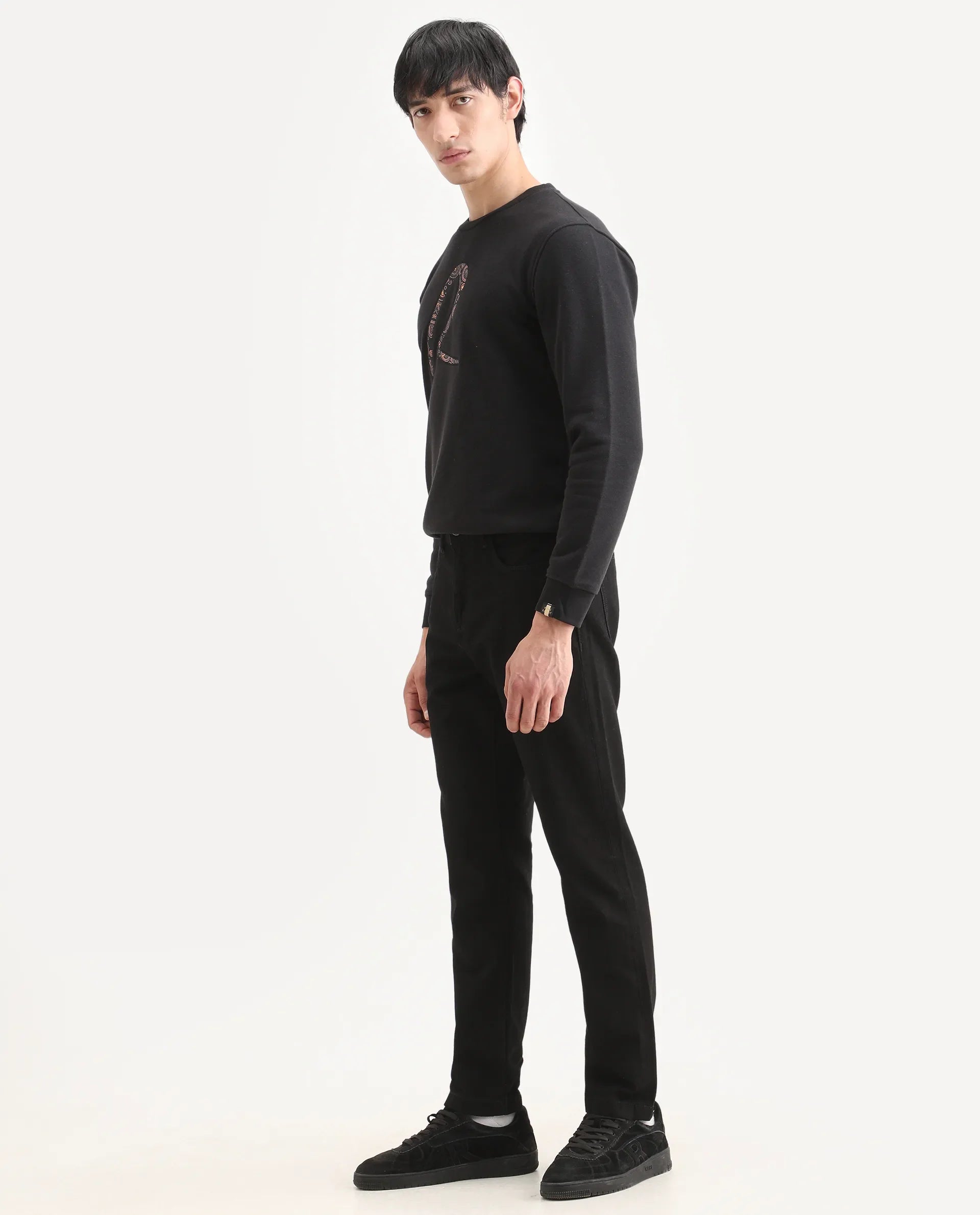 Rare Rabbit Men's Khal 26 Black Cotton Fabric Kurt Carrot Plain Jeans