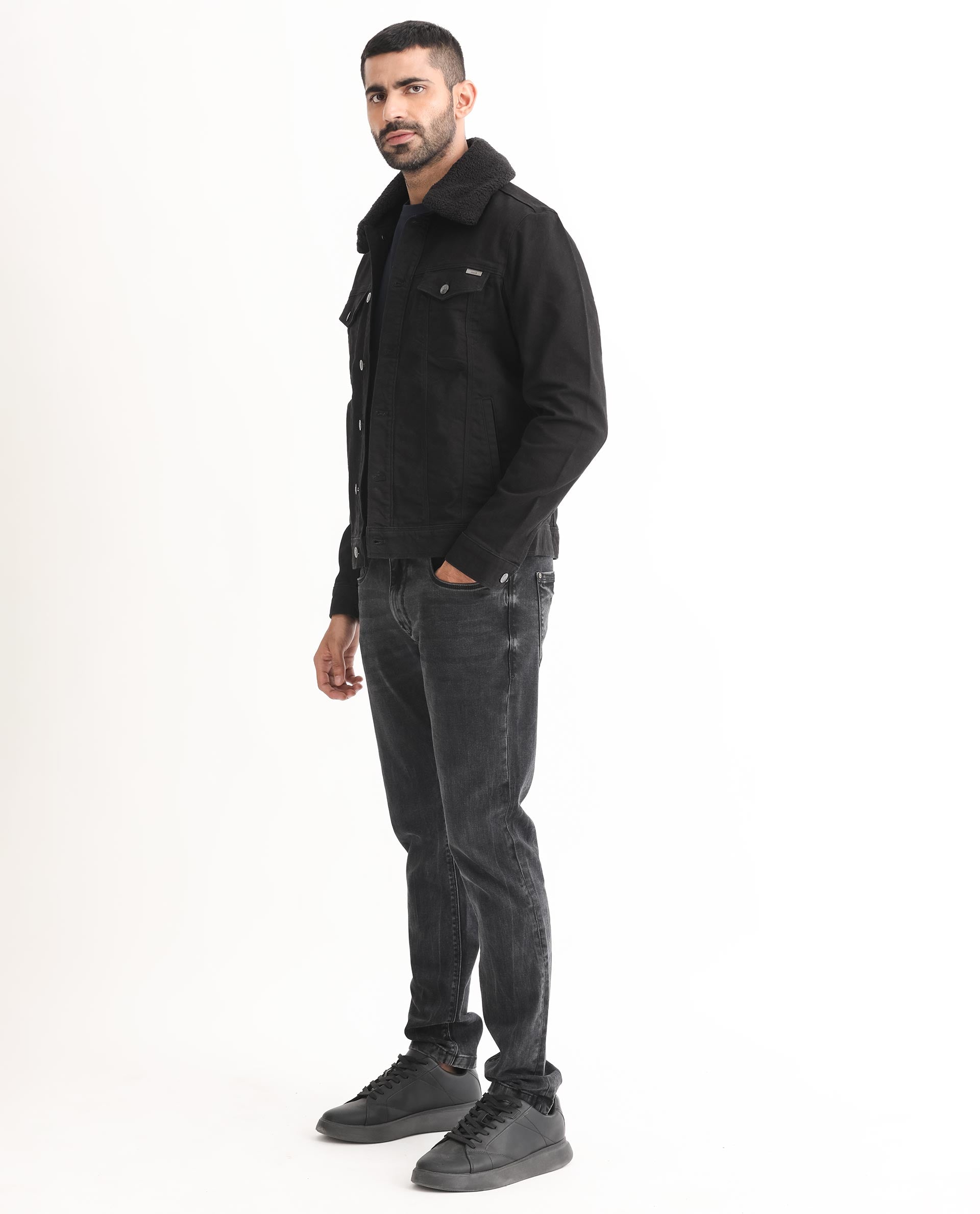 Rare Rabbit Men's Rubik Black Cotton Plain Regular Fit Full Sleeve Spread Collar Jacket