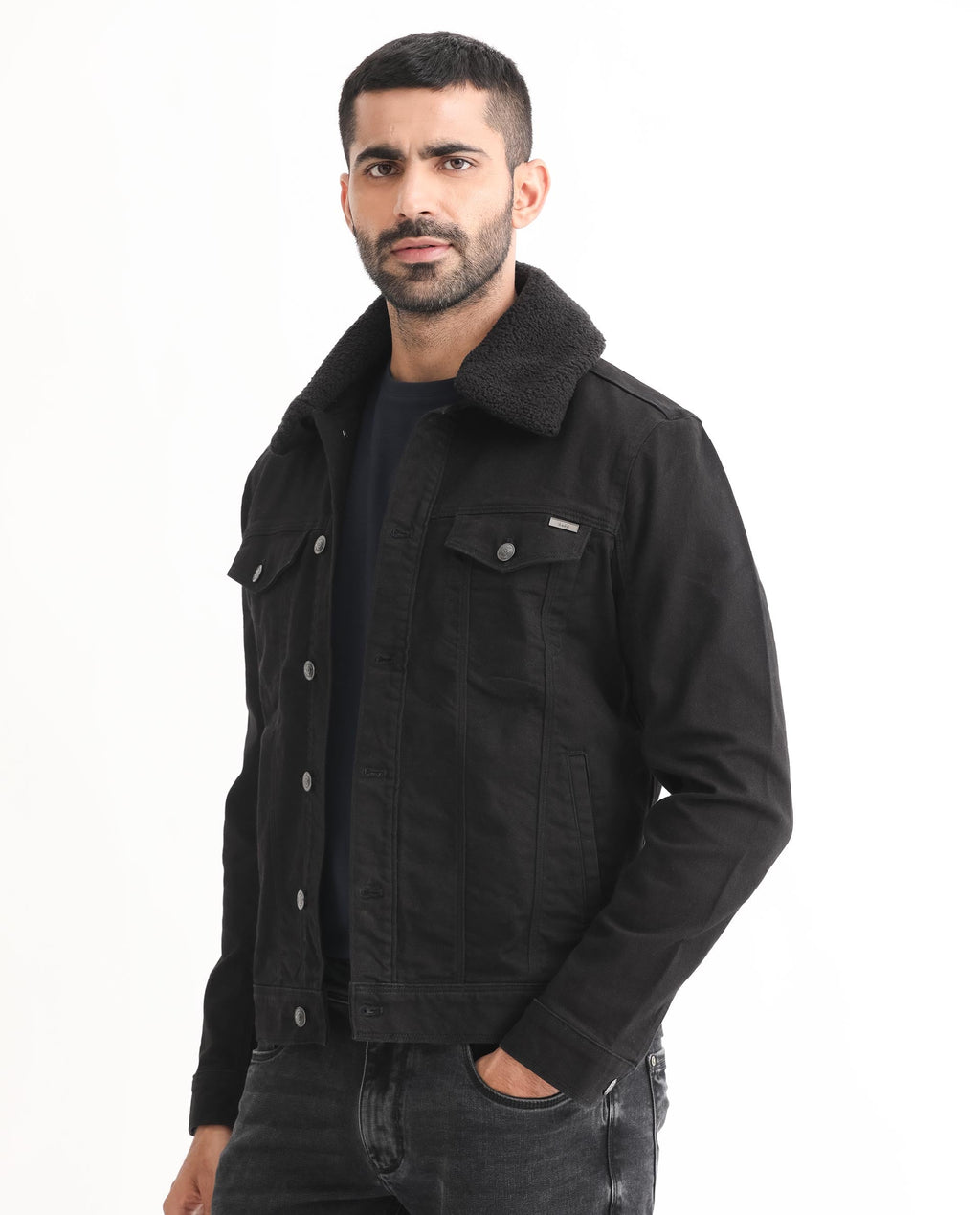 Rare Rabbit Men's Rubik Black Cotton Plain Regular Fit Full Sleeve Spread Collar Jacket