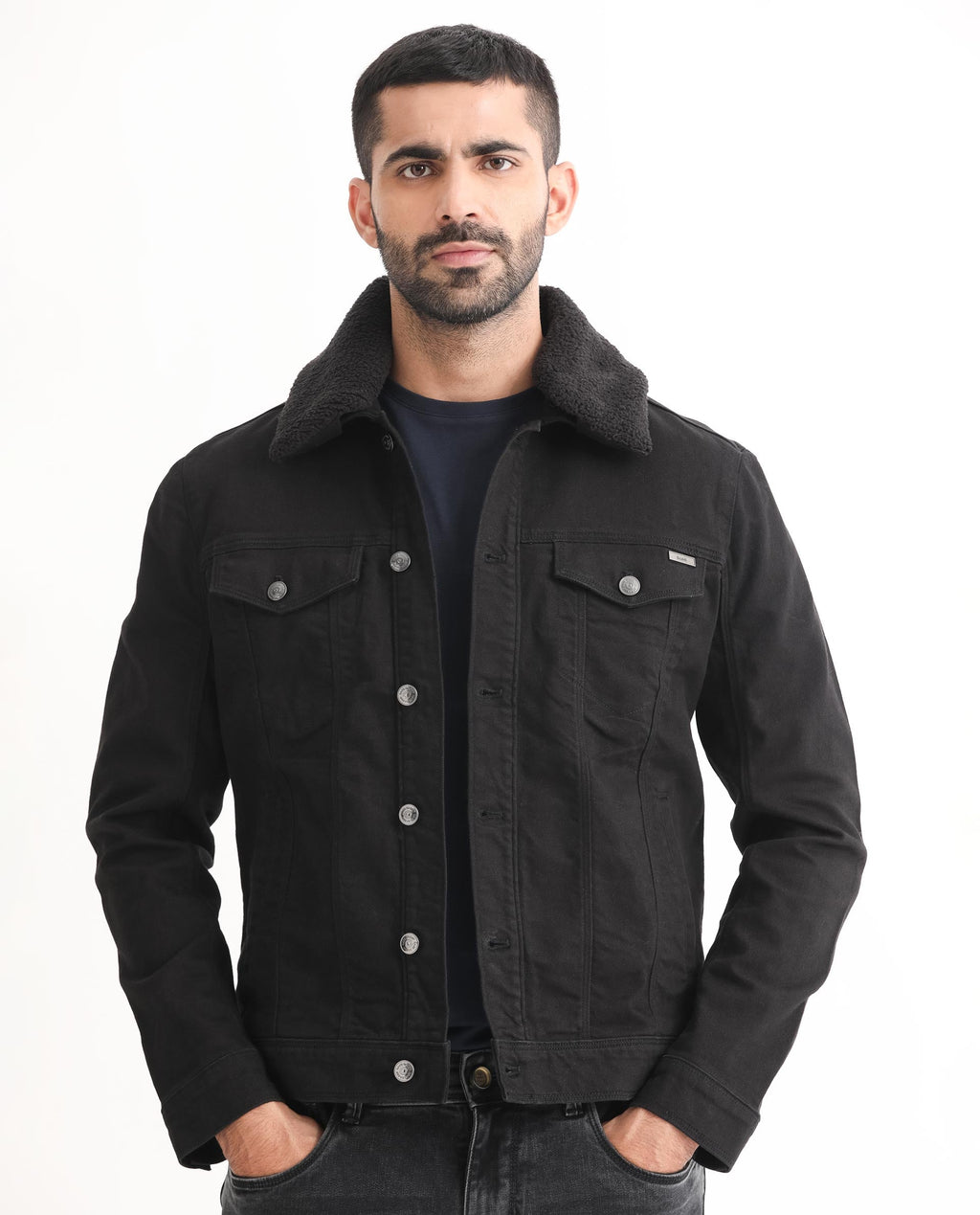 Rare Rabbit Men's Rubik Black Cotton Plain Regular Fit Full Sleeve Spread Collar Jacket