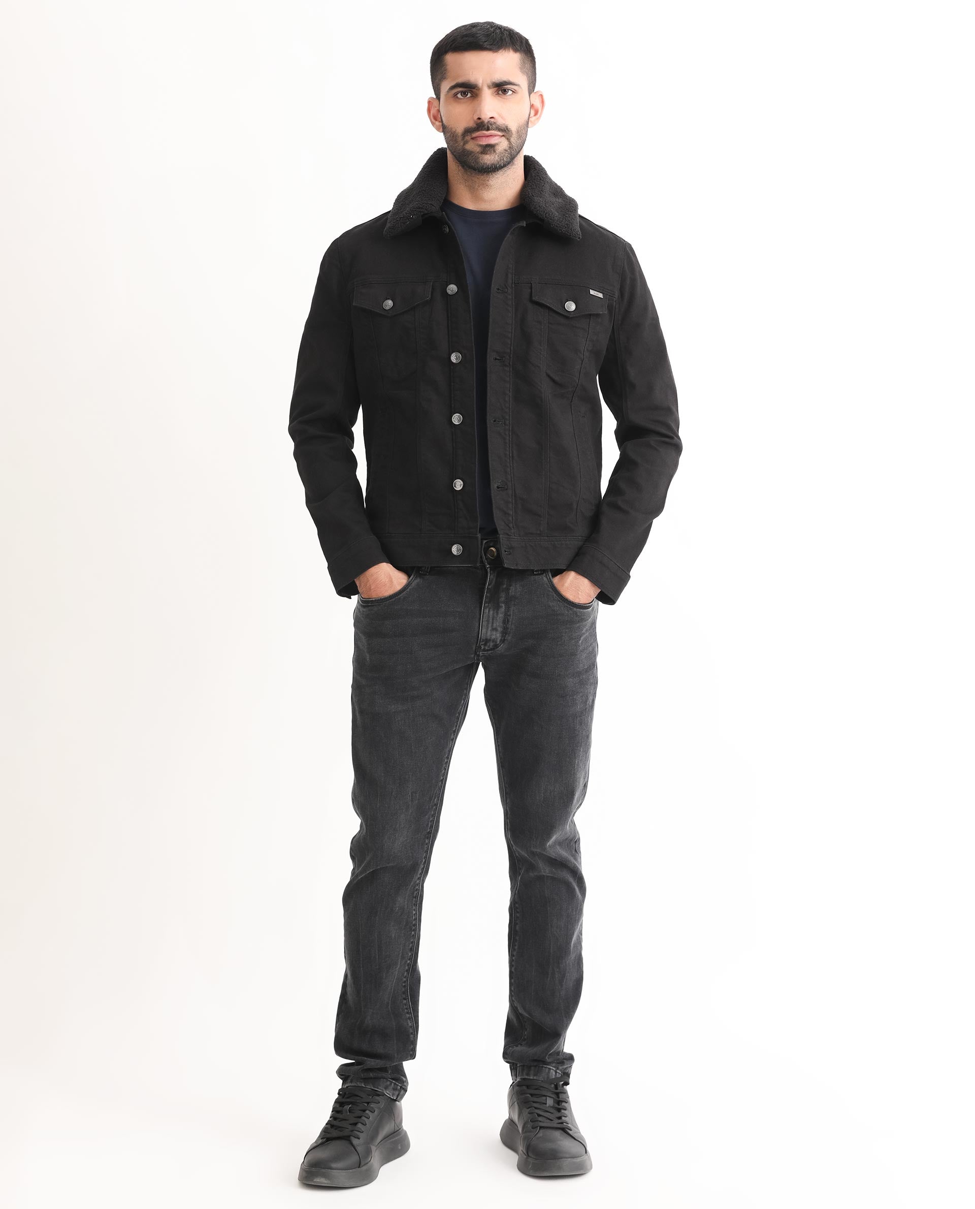 Rare Rabbit Men's Rubik Black Cotton Plain Regular Fit Full Sleeve Spread Collar Jacket