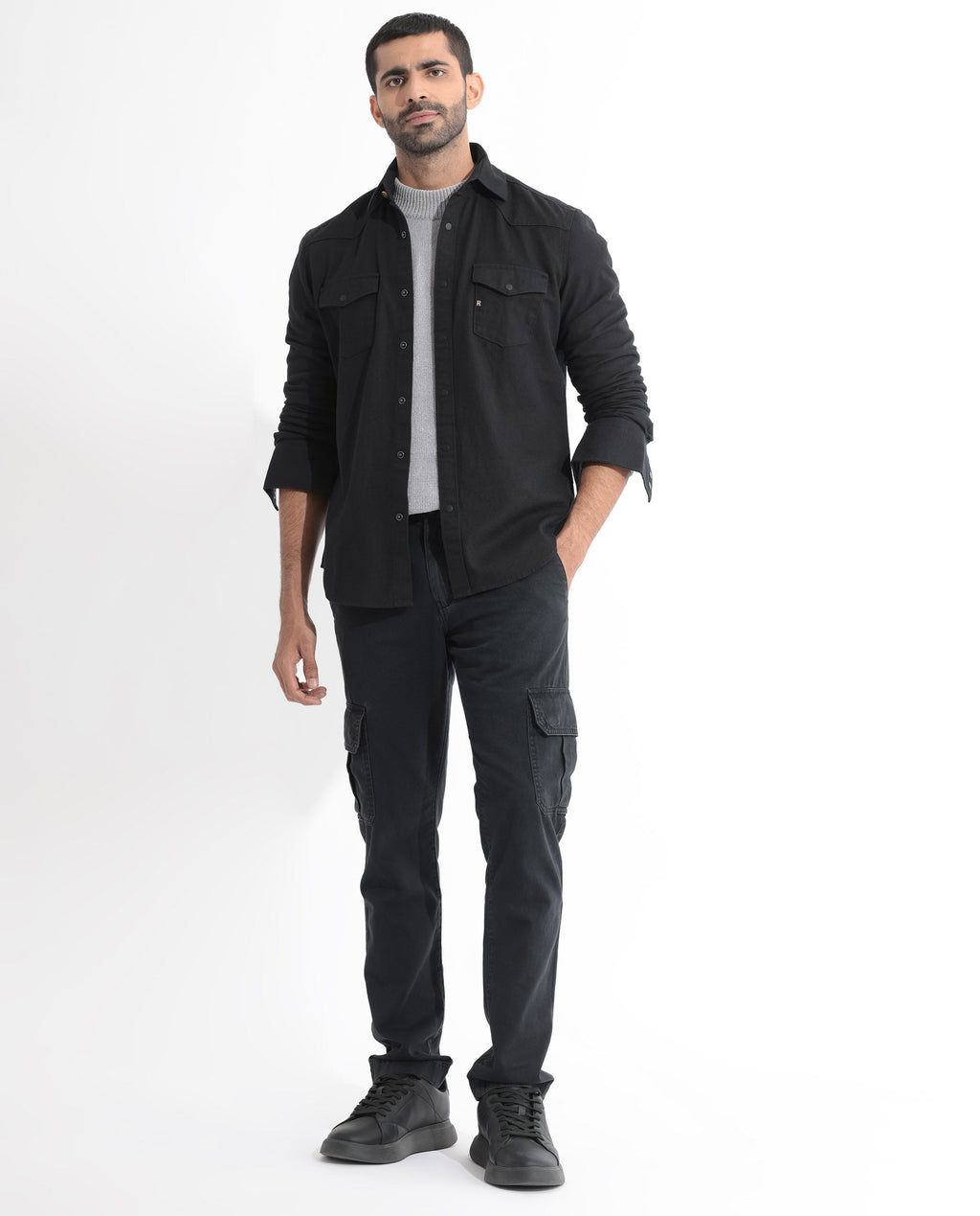 Rare Rabbit Men's Ruban Black Cotton Plain Regular Fit Full Sleeve Collared Shirt