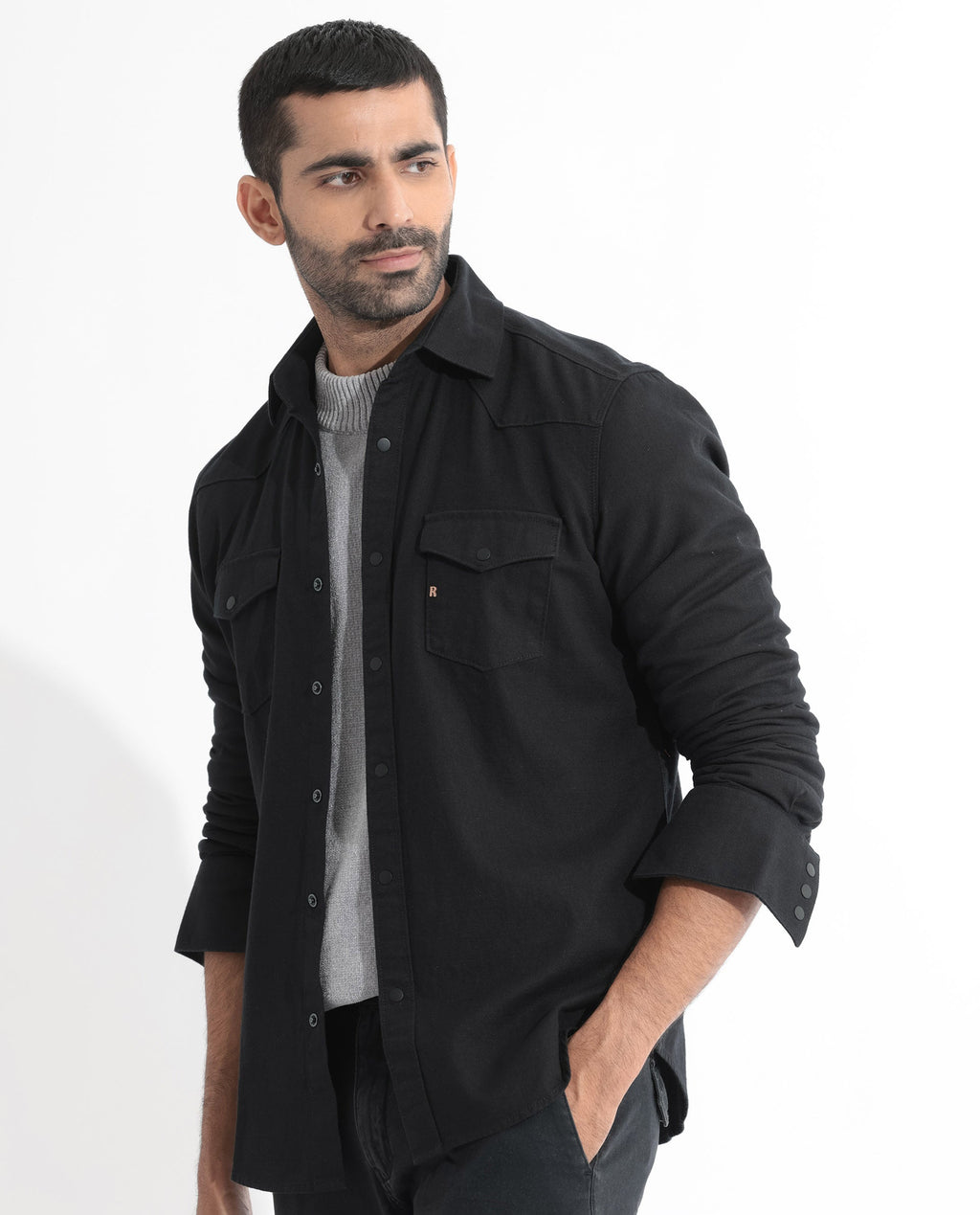 Rare Rabbit Men's Ruban Black Cotton Plain Regular Fit Full Sleeve Collared Shirt